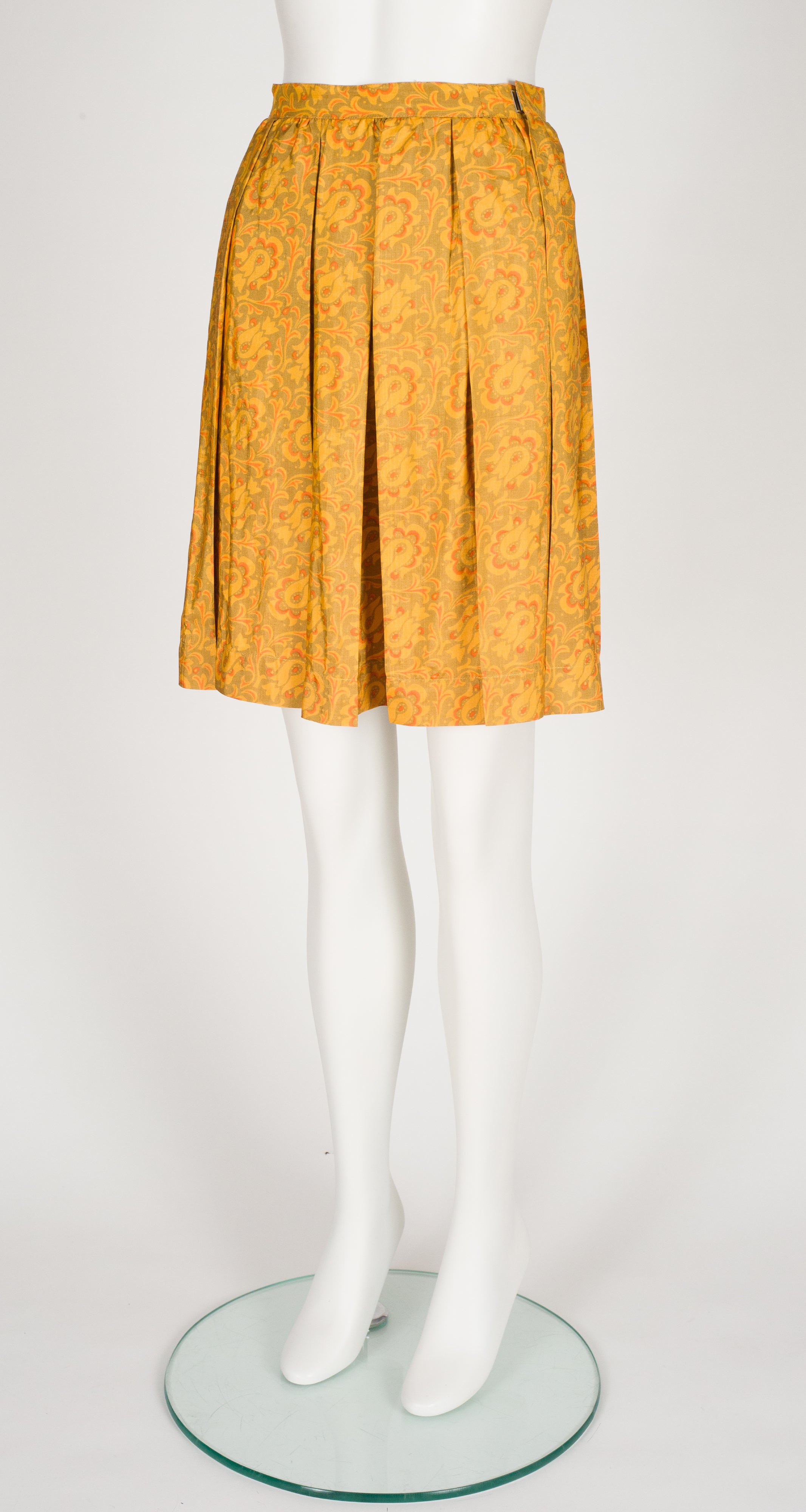 1981 S/S Floral Mustard Raw Silk Pleated Skirt