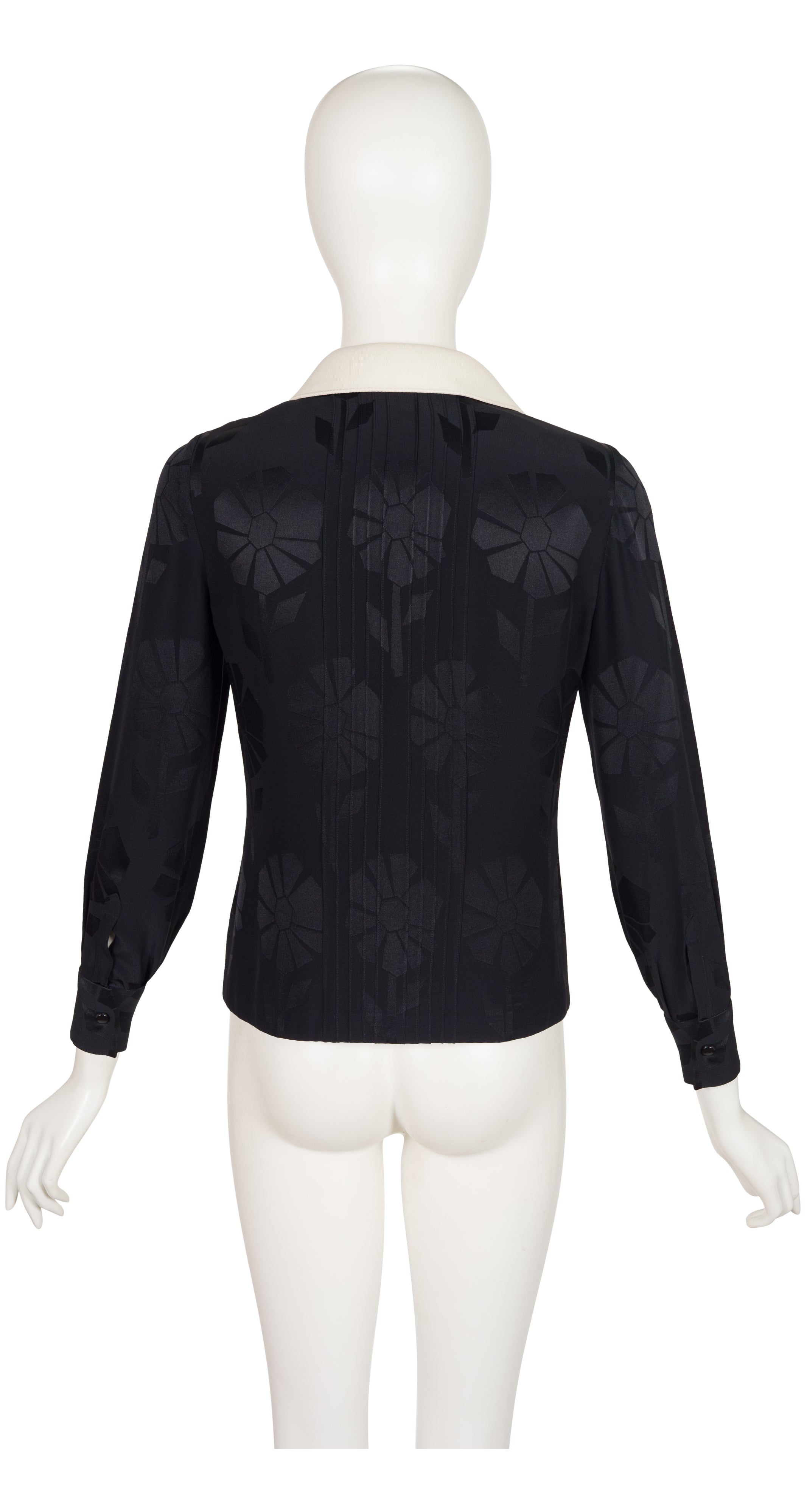 1973 Daisy Print Black Silk Jacquard Collared Blouse
