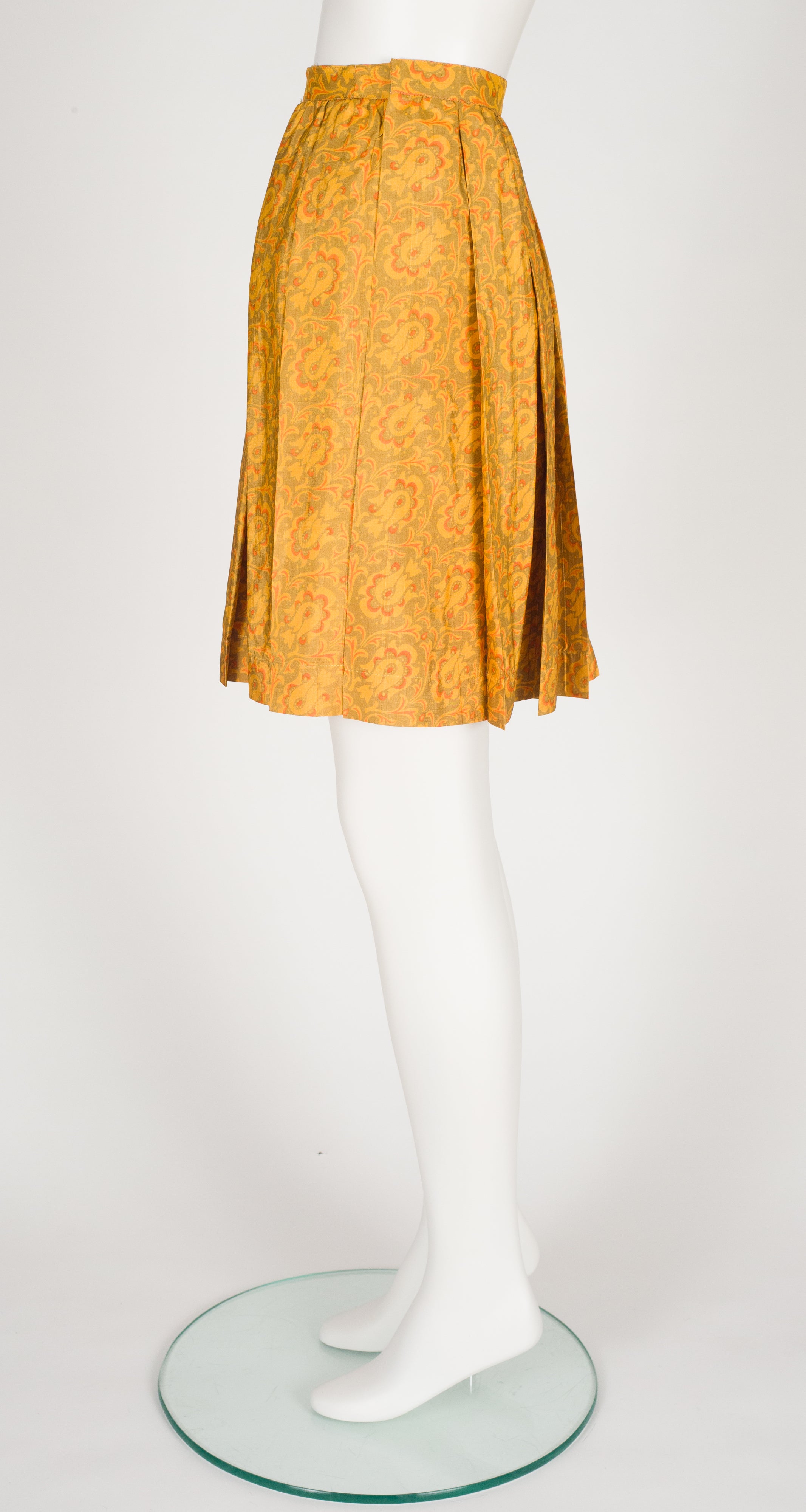 1981 S/S Floral Mustard Raw Silk Pleated Skirt