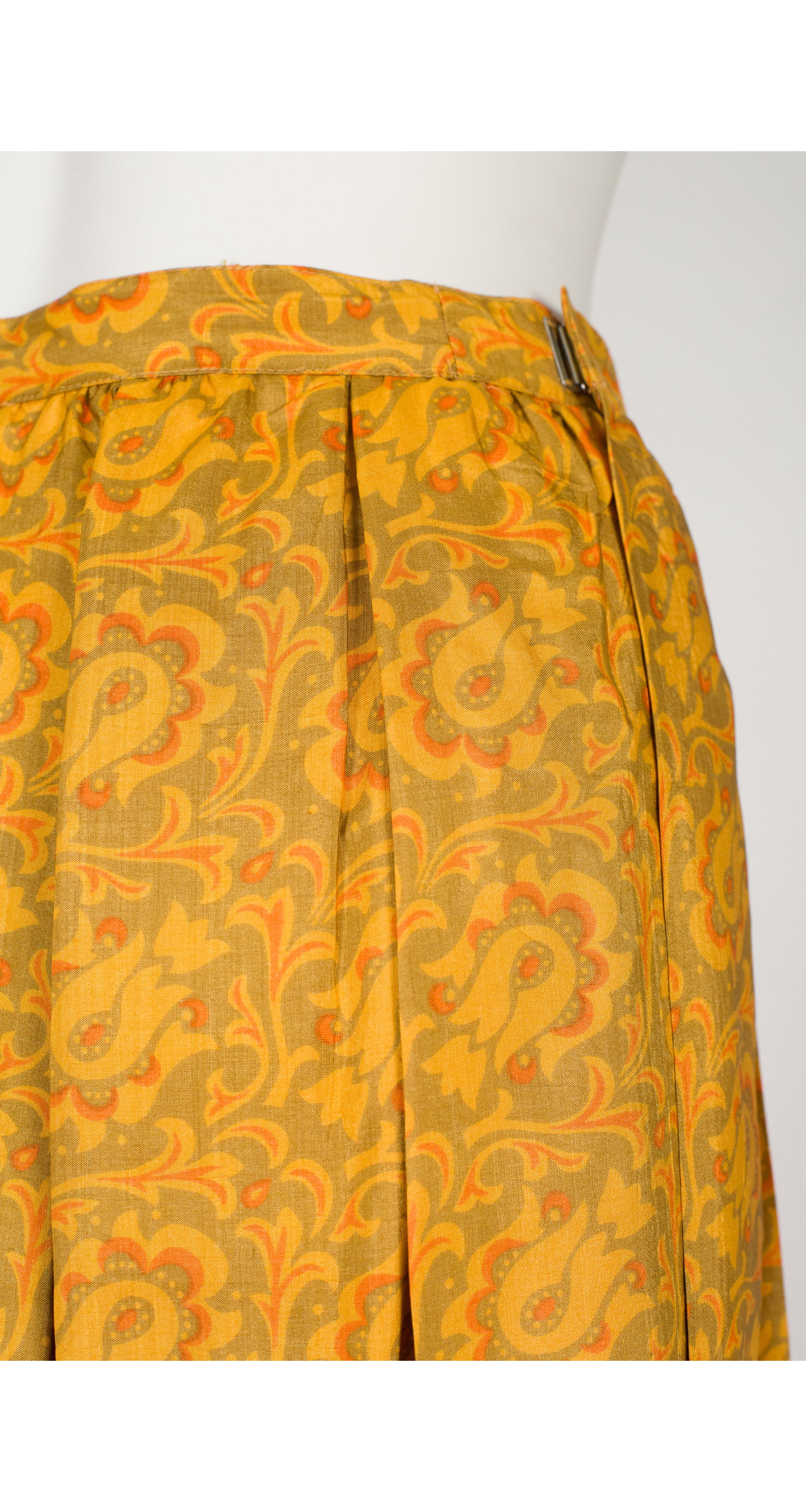 1981 S/S Floral Mustard Raw Silk Pleated Skirt