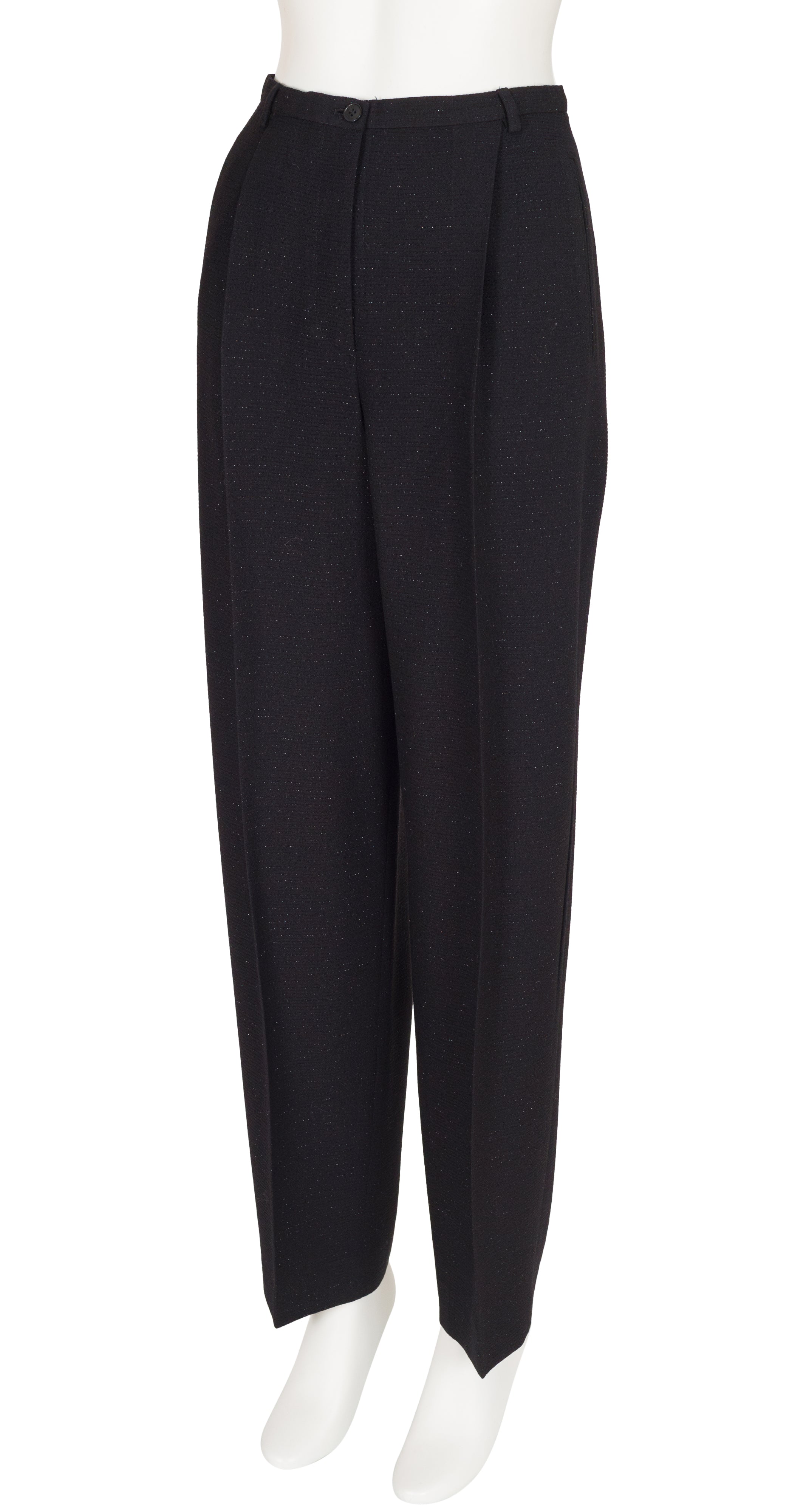 1990s Metallic Black Lurex Wool Straight Leg Pant Suit