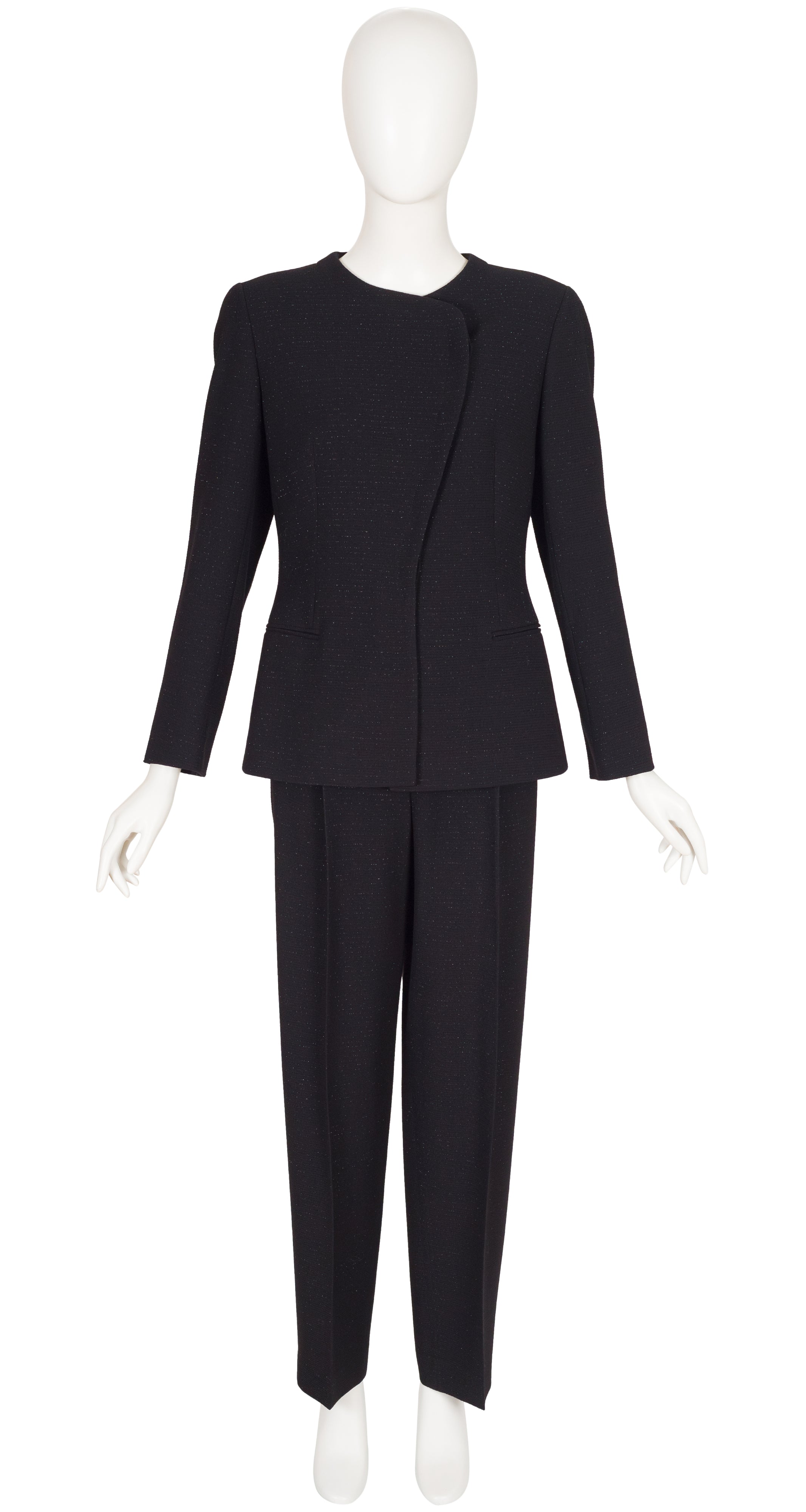 1990s Metallic Black Lurex Wool Straight Leg Pant Suit