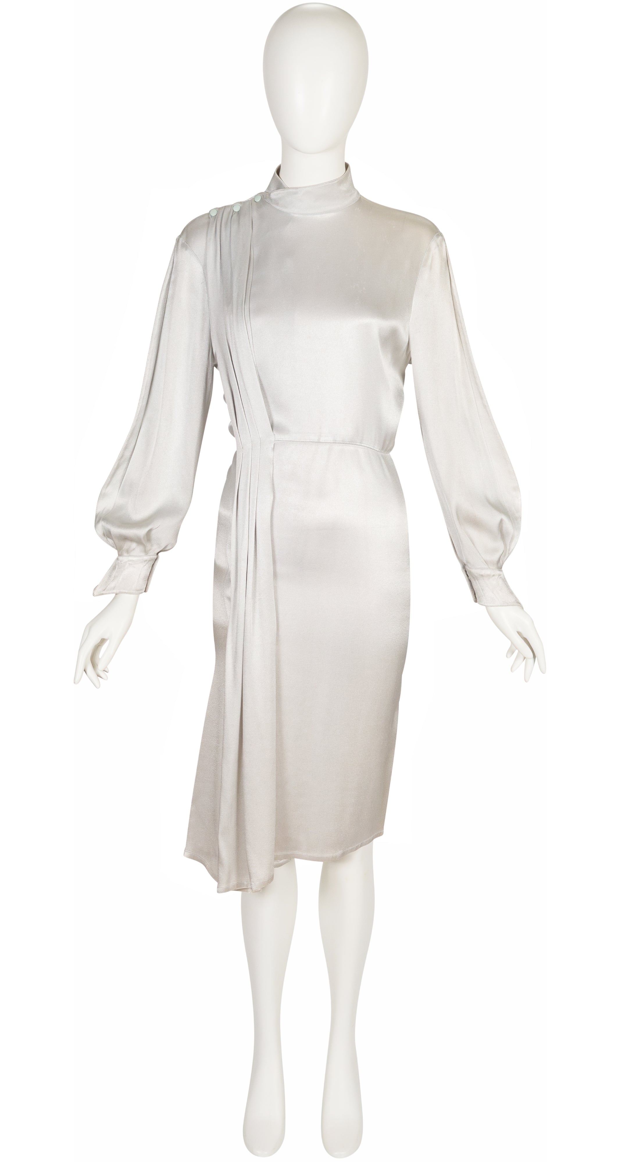 1986-87 F/W Silver Liquid Satin Balloon Sleeve Sash Dress