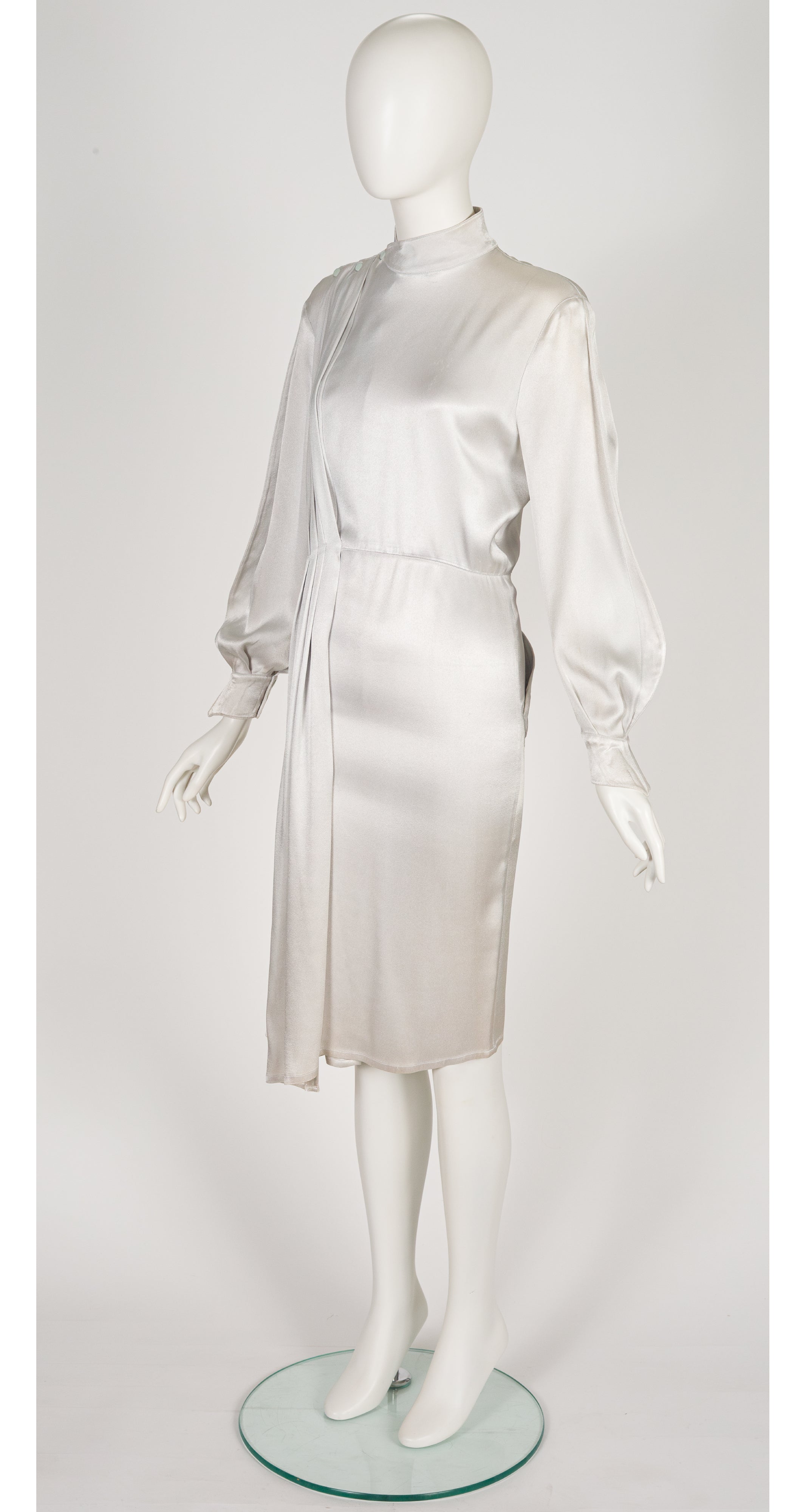 1986-87 F/W Silver Liquid Satin Balloon Sleeve Sash Dress