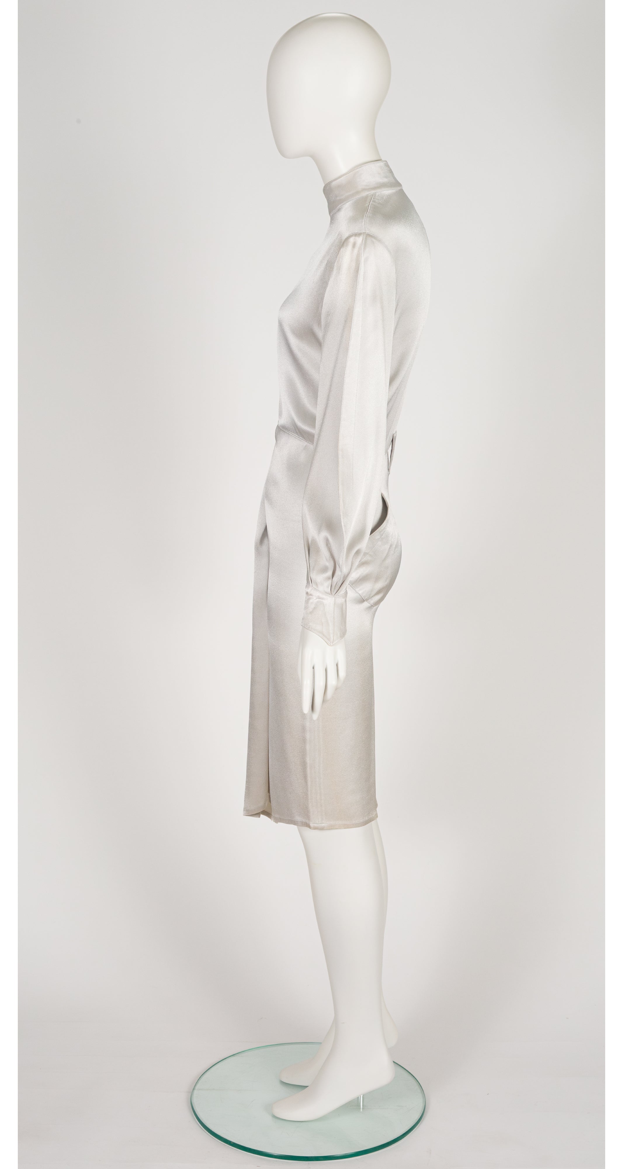 1986-87 F/W Silver Liquid Satin Balloon Sleeve Sash Dress
