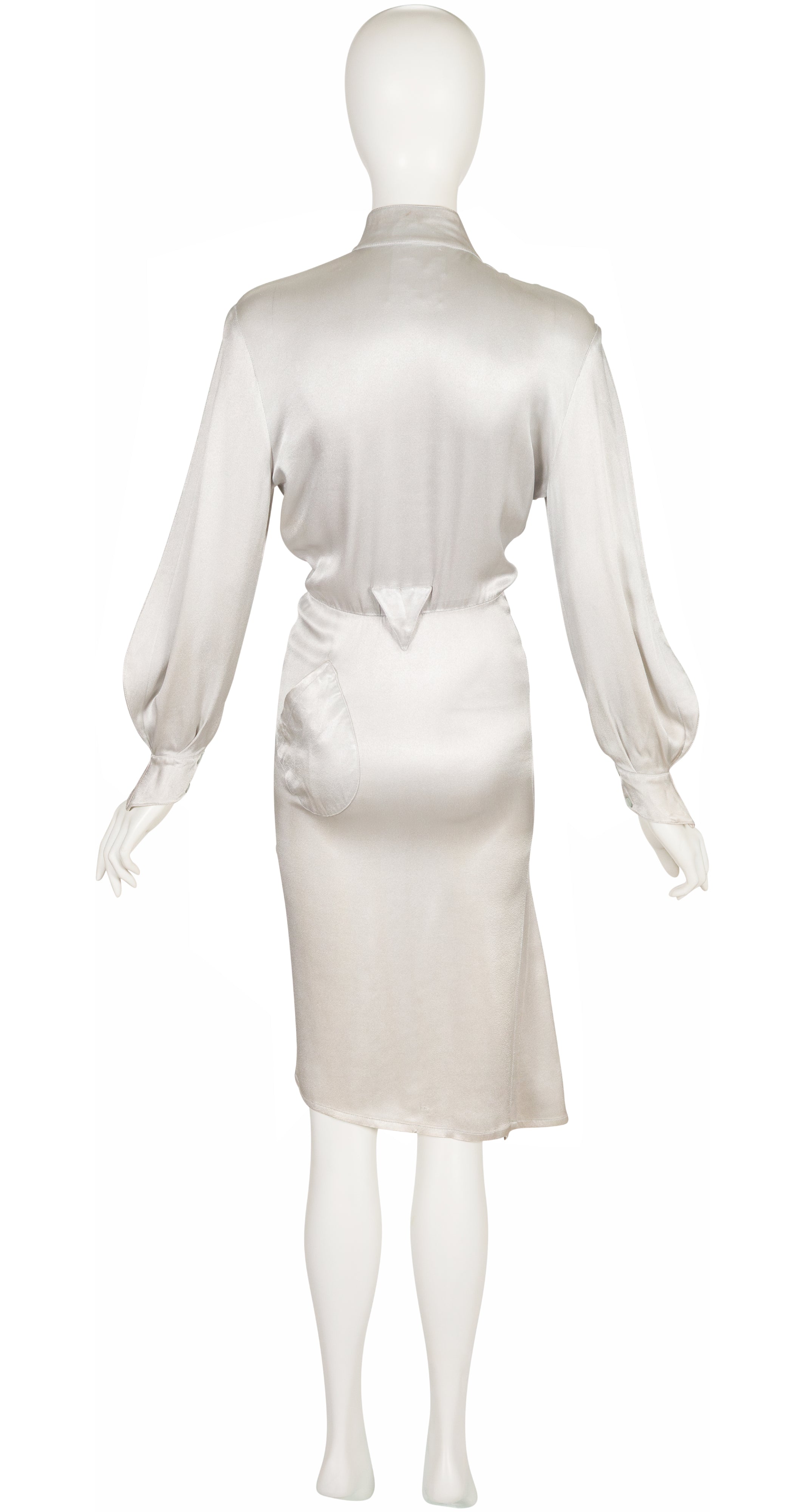 1986-87 F/W Silver Liquid Satin Balloon Sleeve Sash Dress