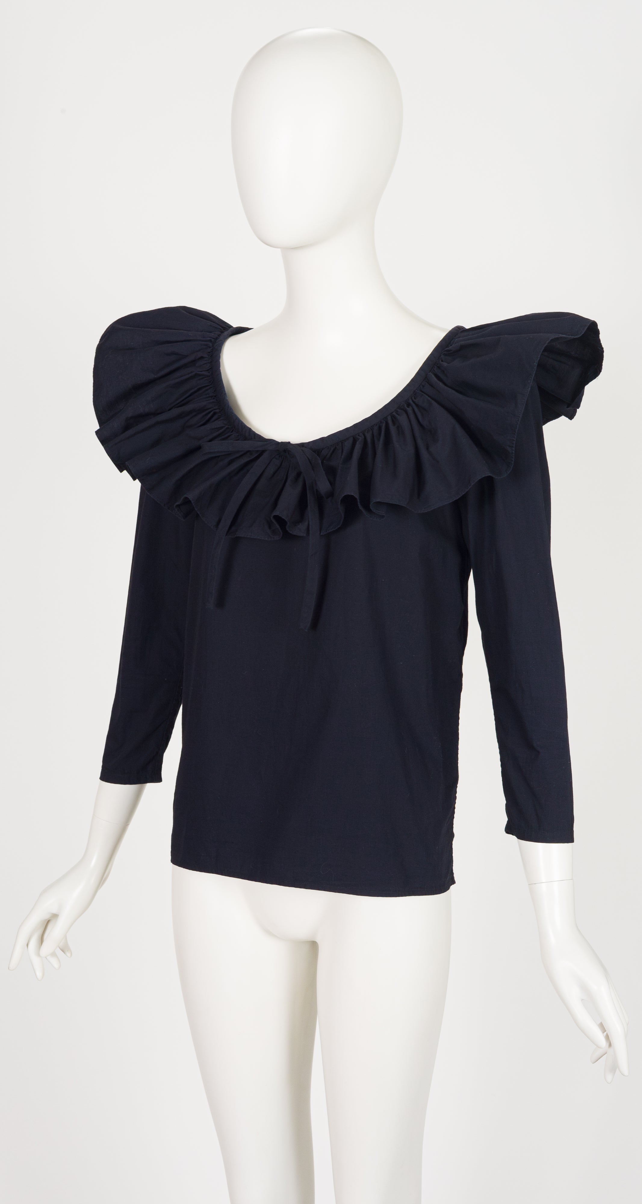 1988 S/S Black Poplin Cotton Ruffle Collar Top