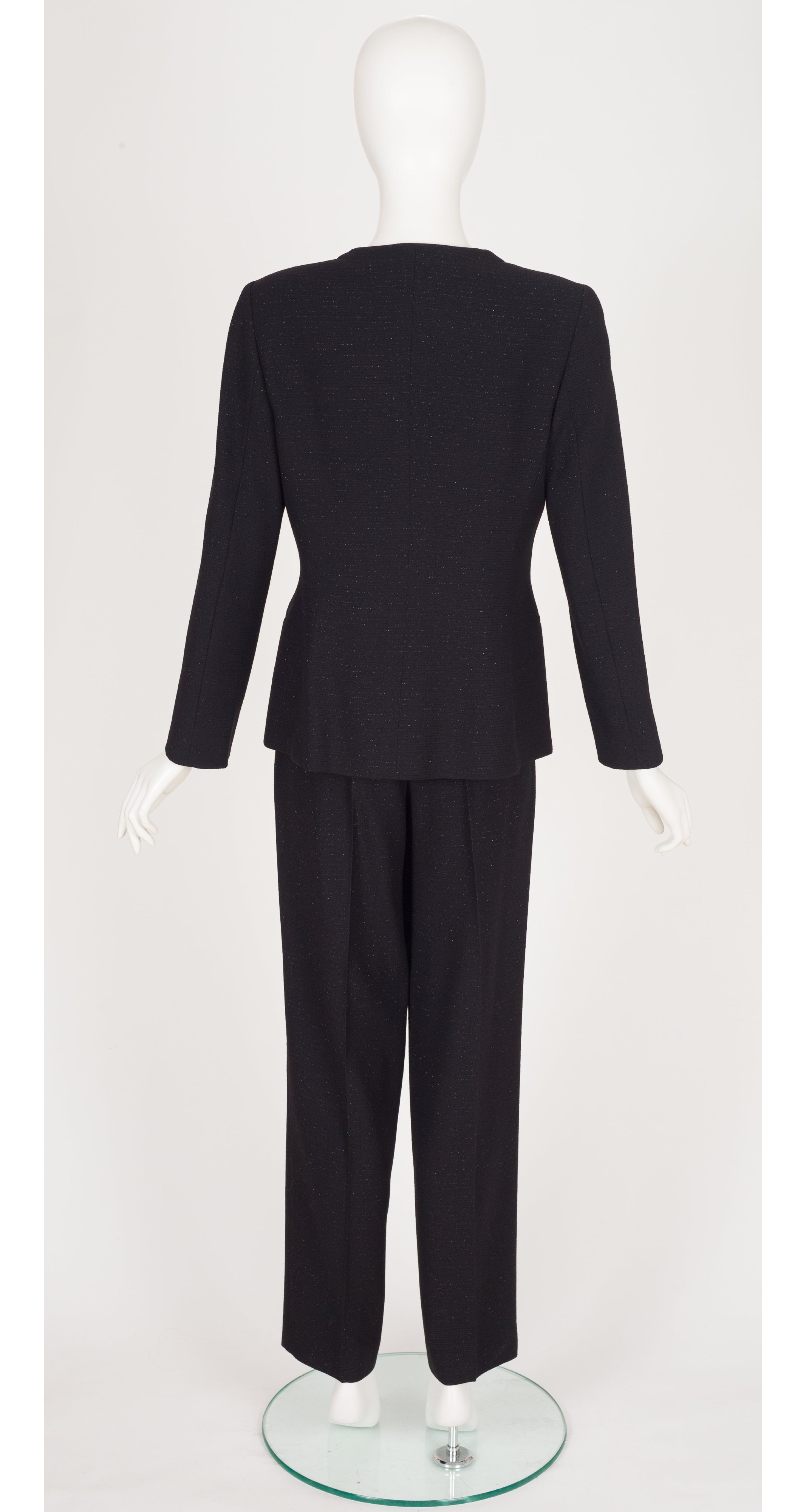 1990s Metallic Black Lurex Wool Straight Leg Pant Suit