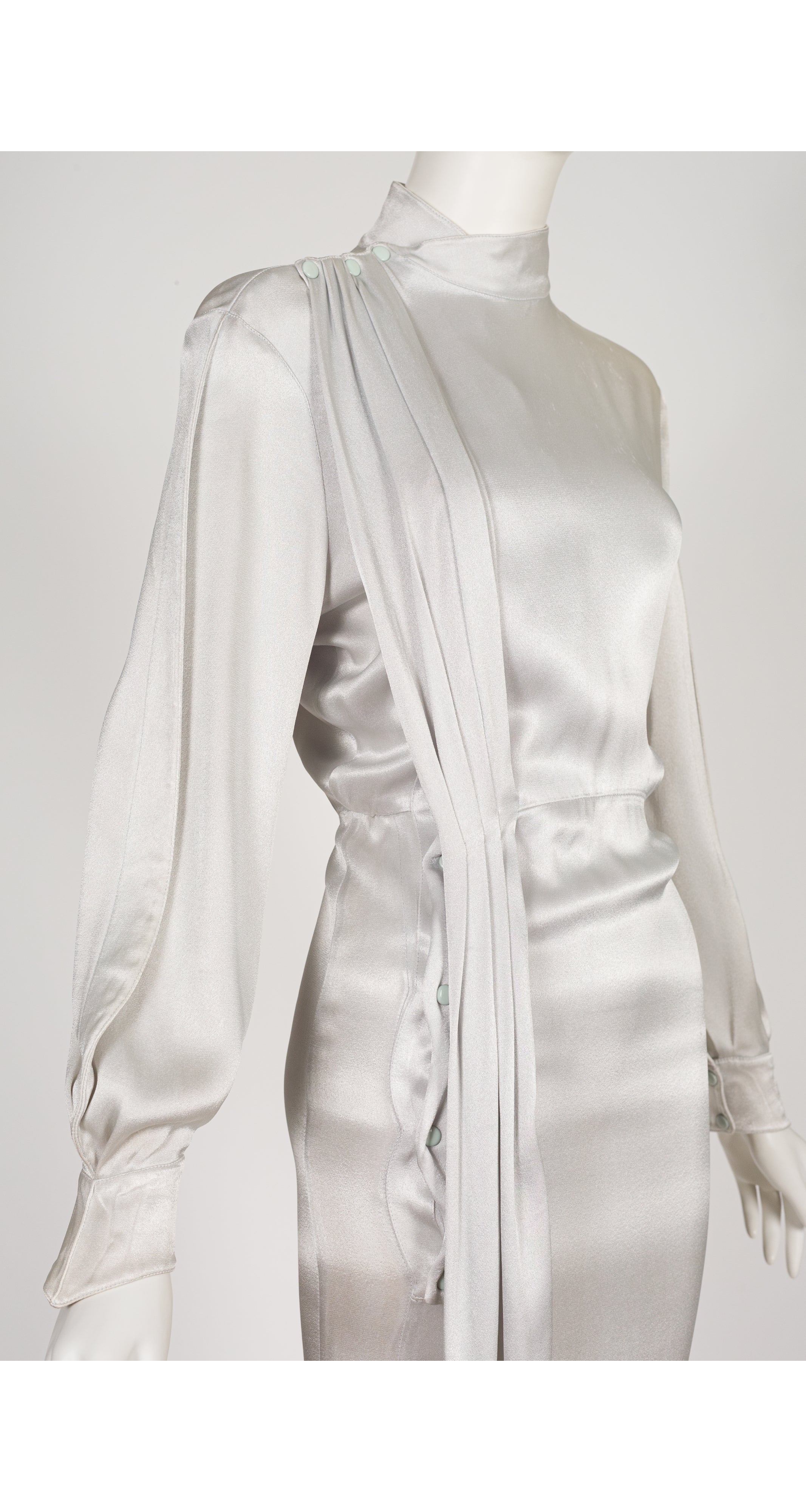 1986-87 F/W Silver Liquid Satin Balloon Sleeve Sash Dress