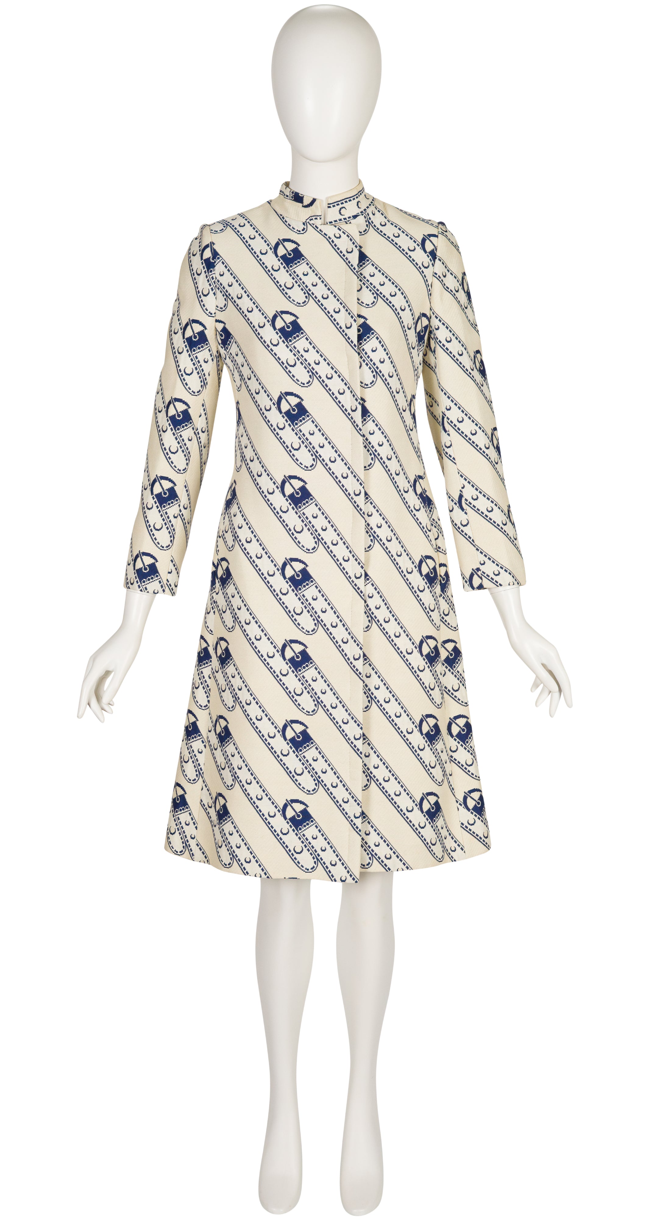 1971 Trompe L'oeil Belt Print Cream & Navy Coat