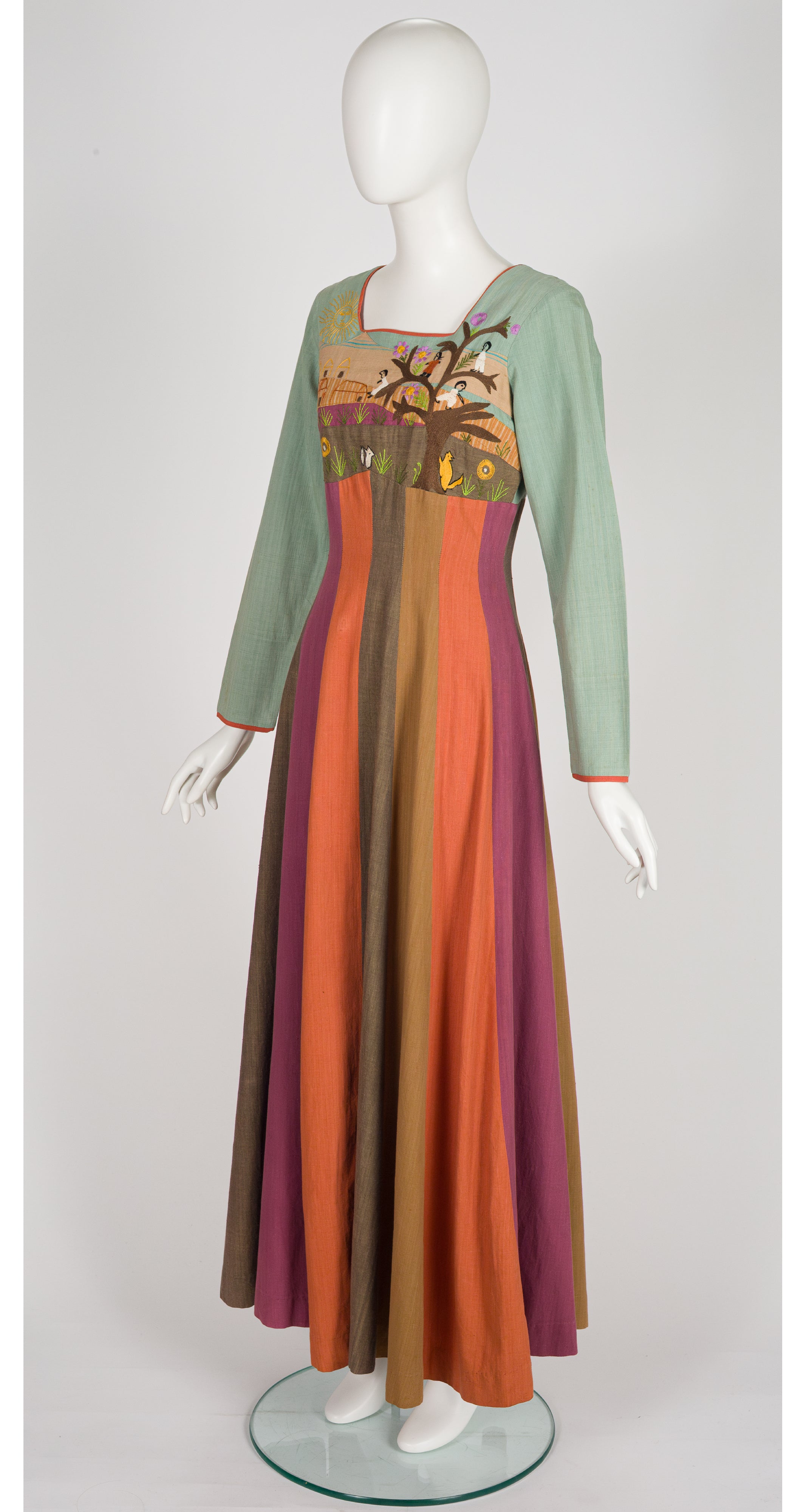 1970s Scenic Embroidered Striped Cotton Maxi Dress