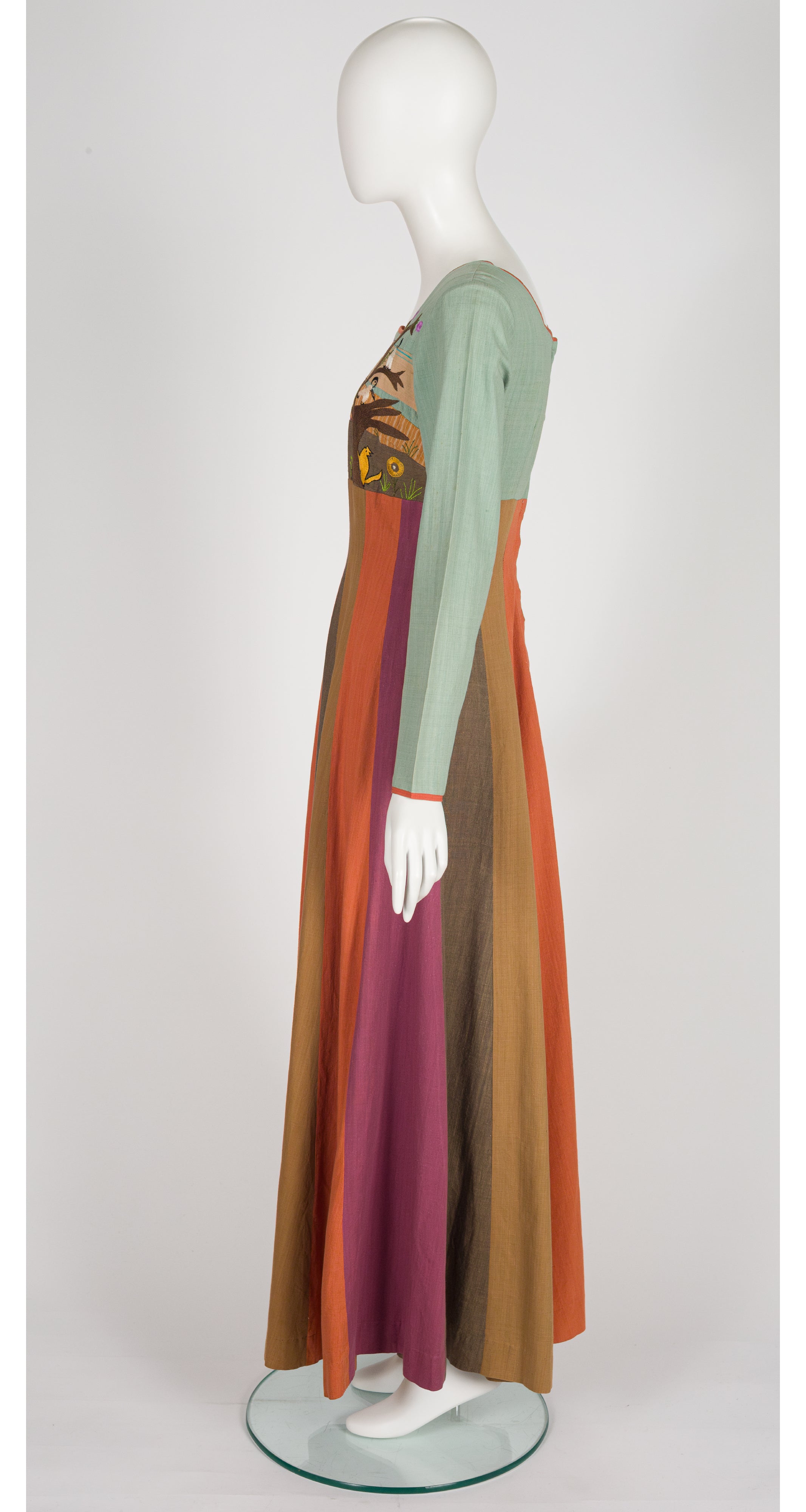 1970s Scenic Embroidered Striped Cotton Maxi Dress