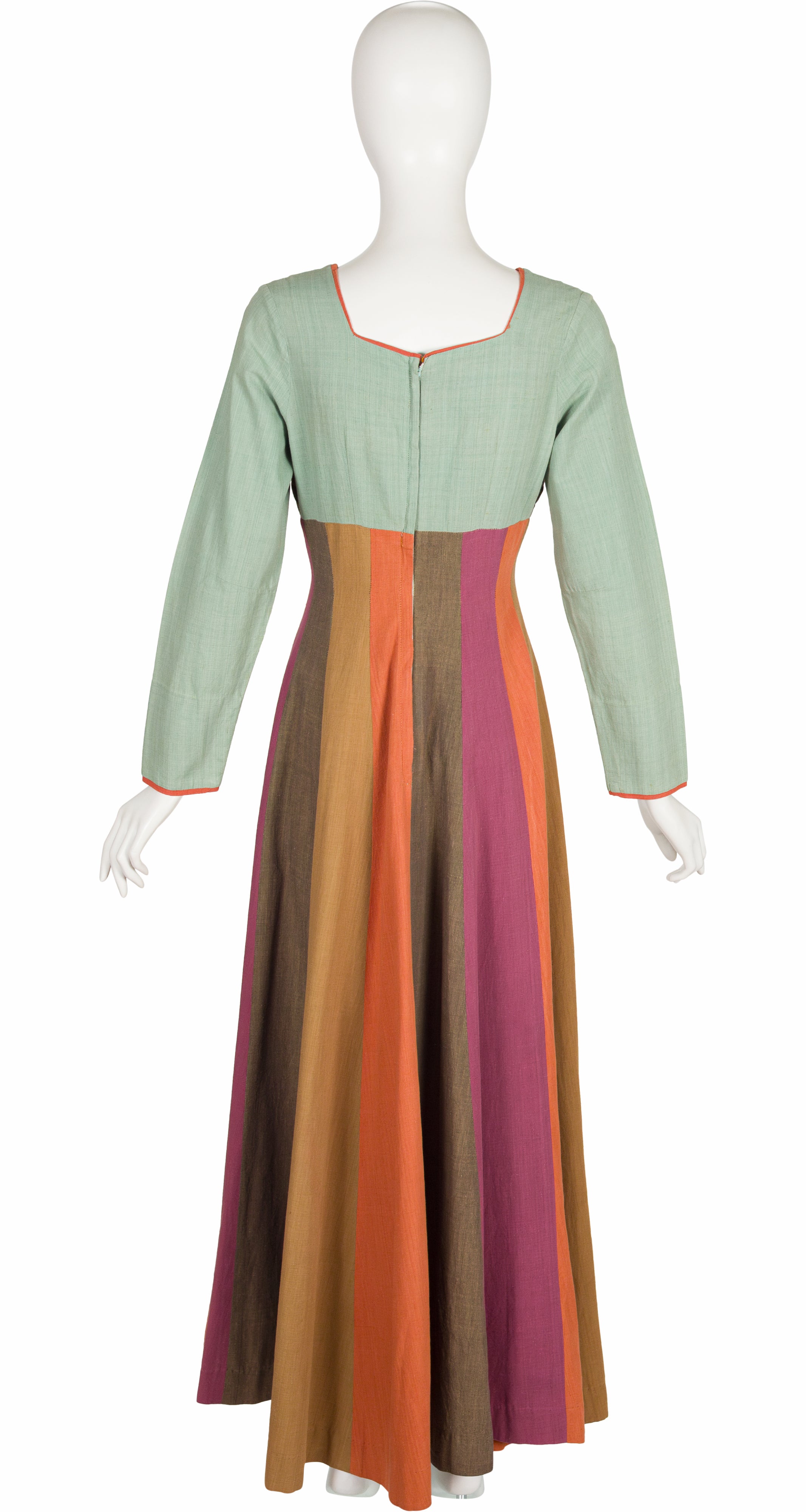 1970s Scenic Embroidered Striped Cotton Maxi Dress