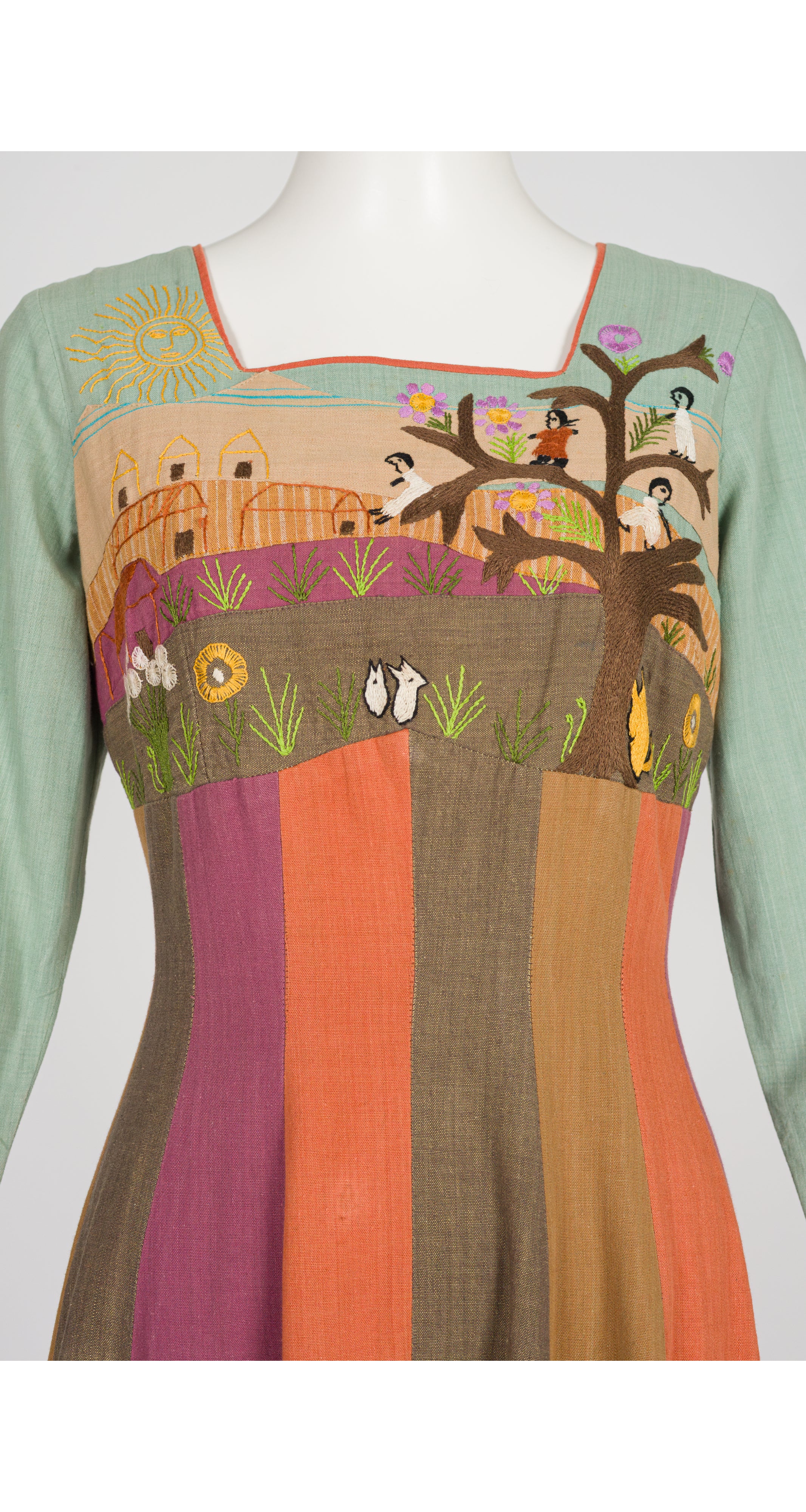 1970s Scenic Embroidered Striped Cotton Maxi Dress