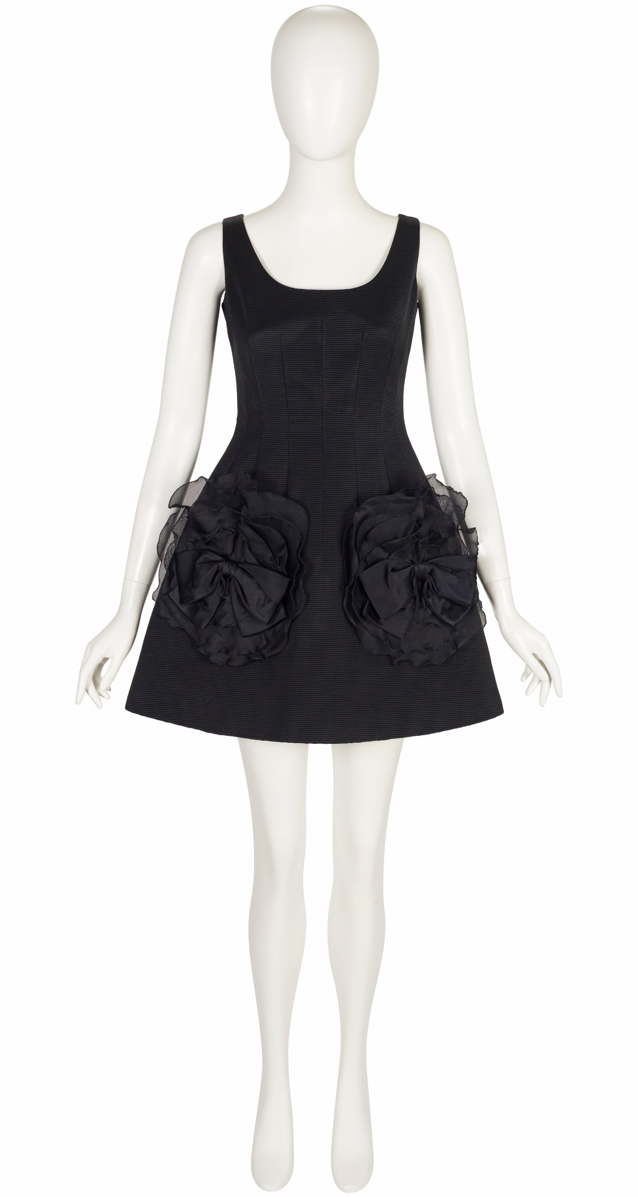 1991-92 F/W Black Silk Faille Ruffle Bow Cocktail Mini Dress