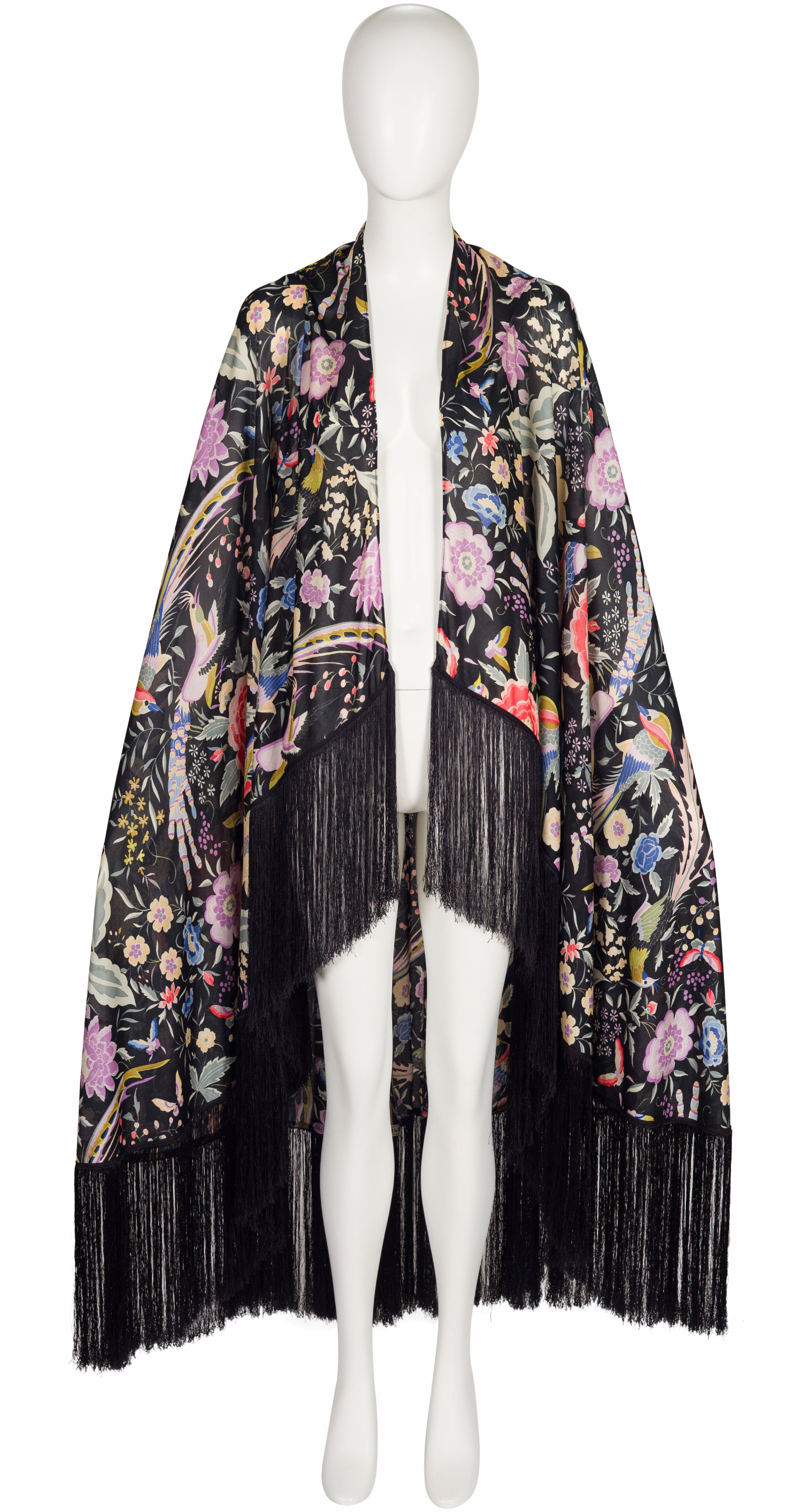 1971 S/S Floral Bird Print Black Jersey Fringe Piano Shawl