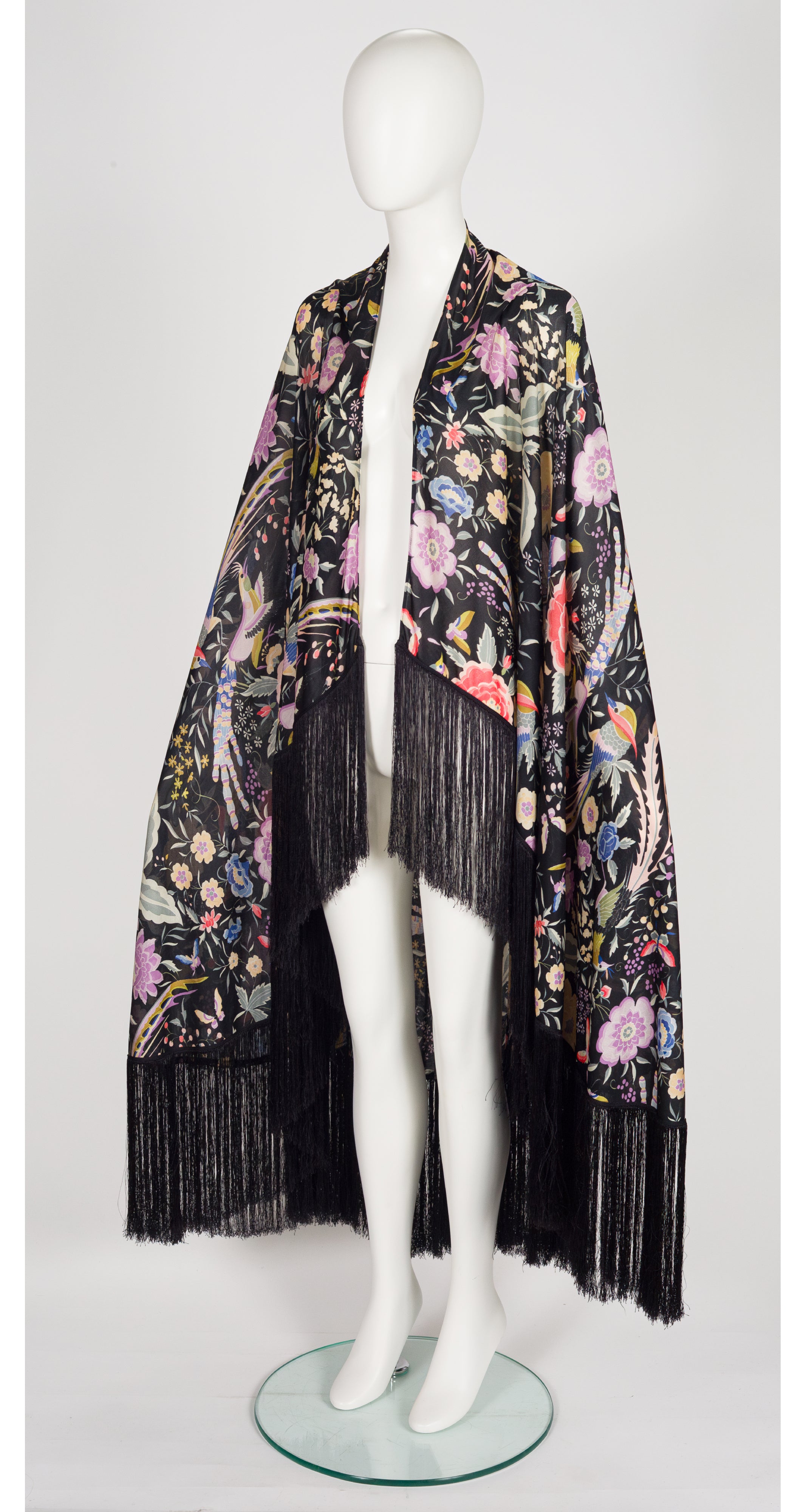 1971 S/S Floral Bird Print Black Jersey Fringe Piano Shawl