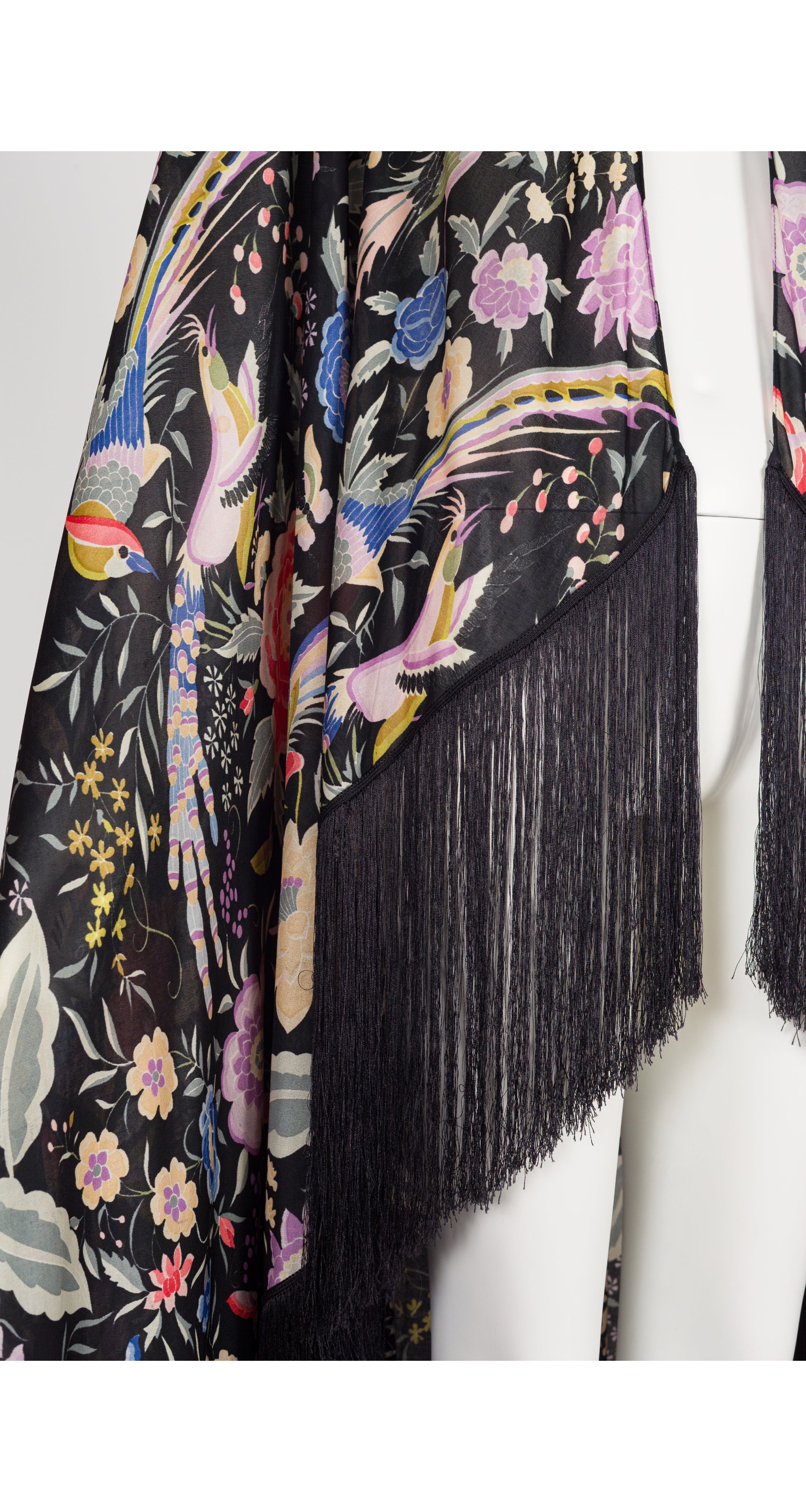1971 S/S Floral Bird Print Black Jersey Fringe Piano Shawl