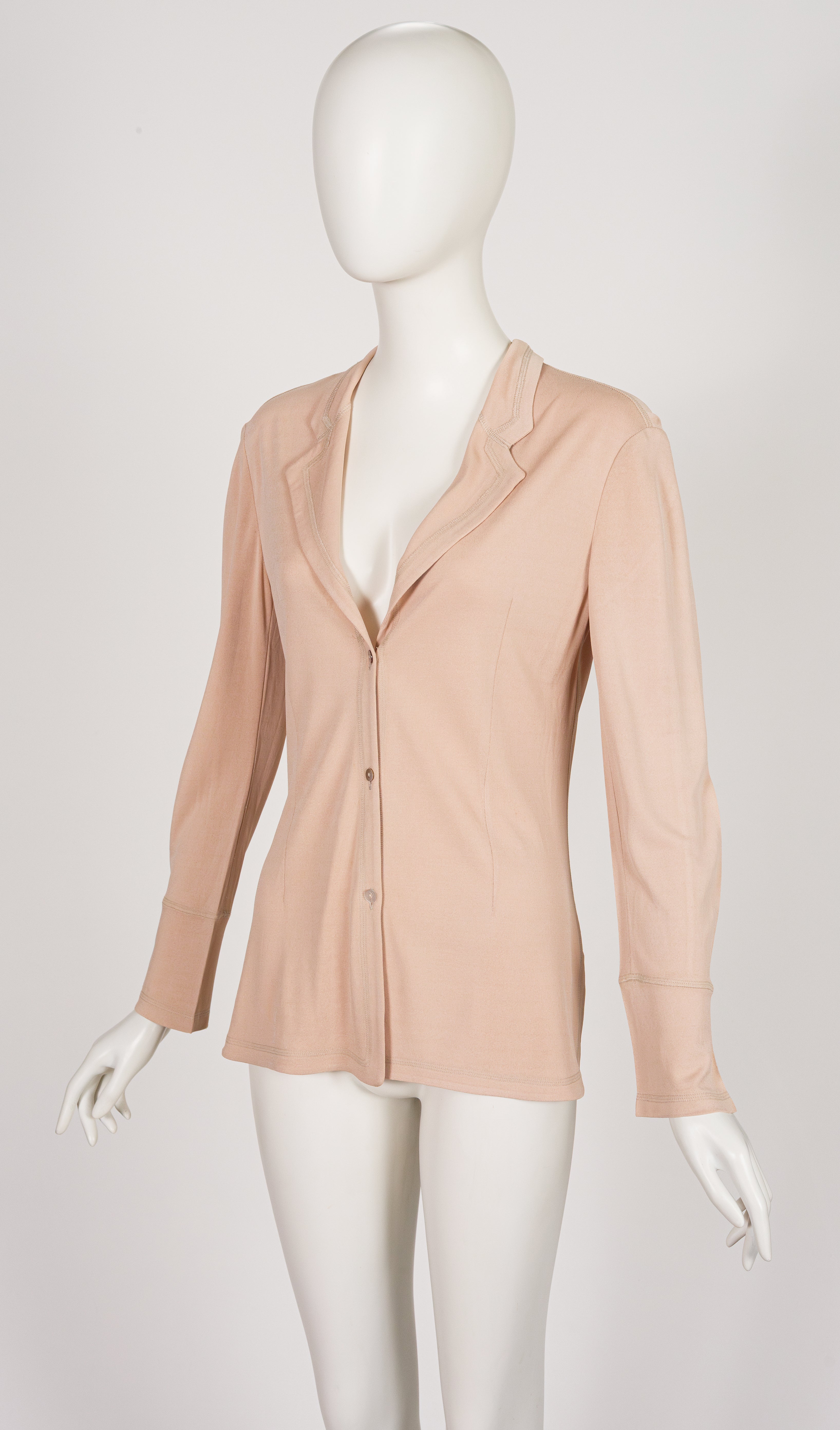 1994 S/S Beige Rayon Jersey Button-Up Top