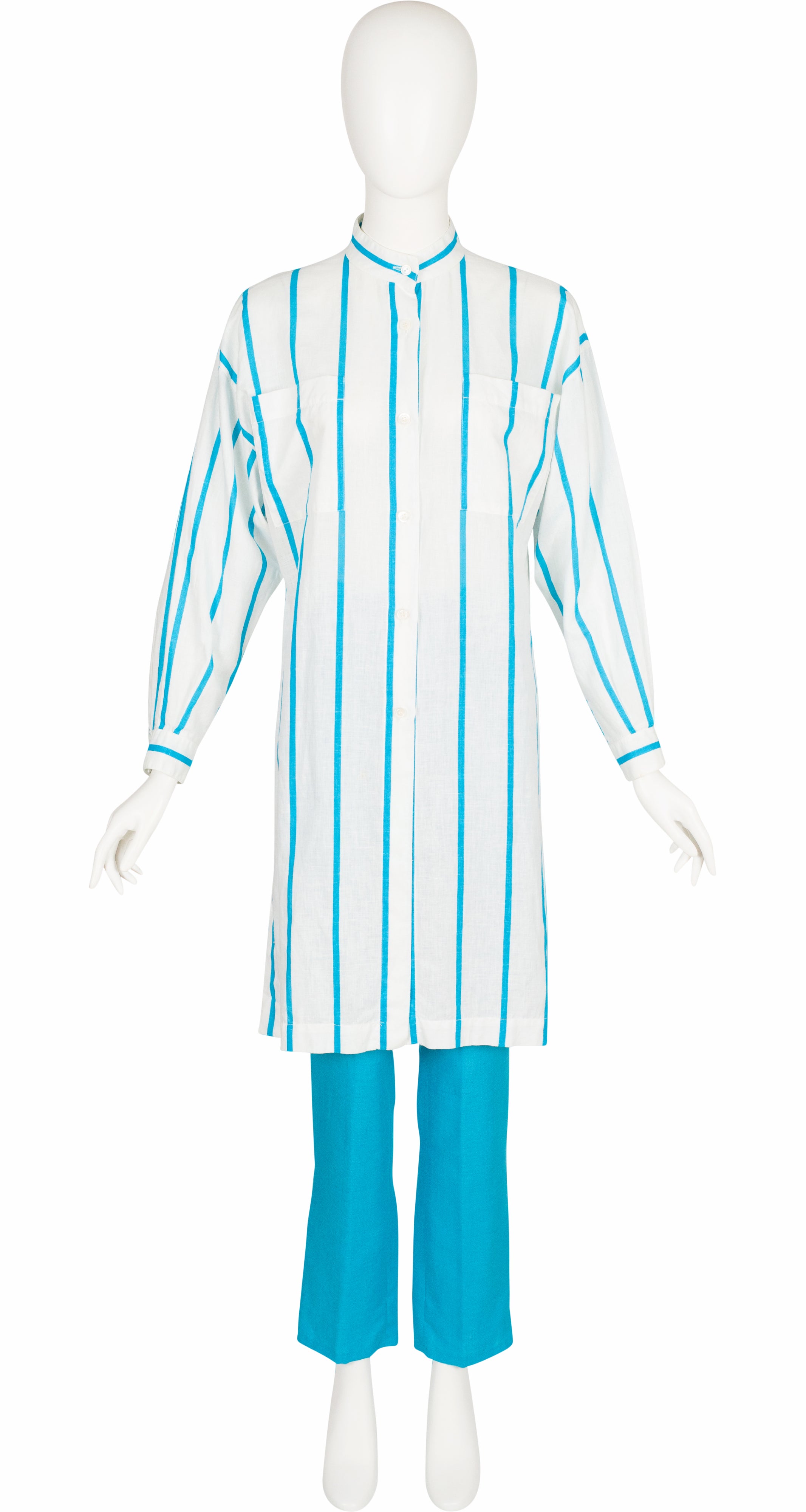 1986 S/S Striped Blue & White Linen Tunic Pant Set