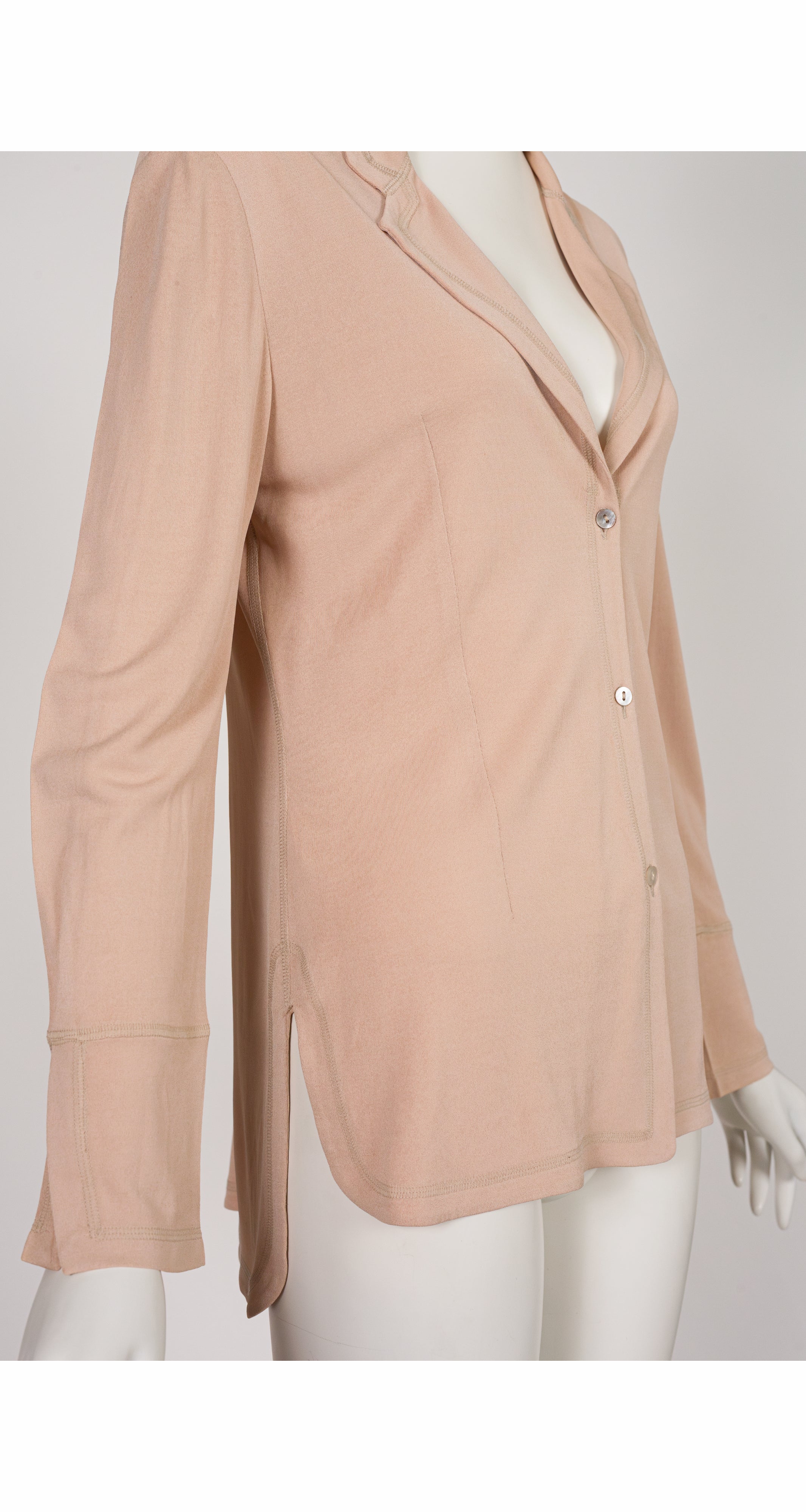 1994 S/S Beige Rayon Jersey Button-Up Top