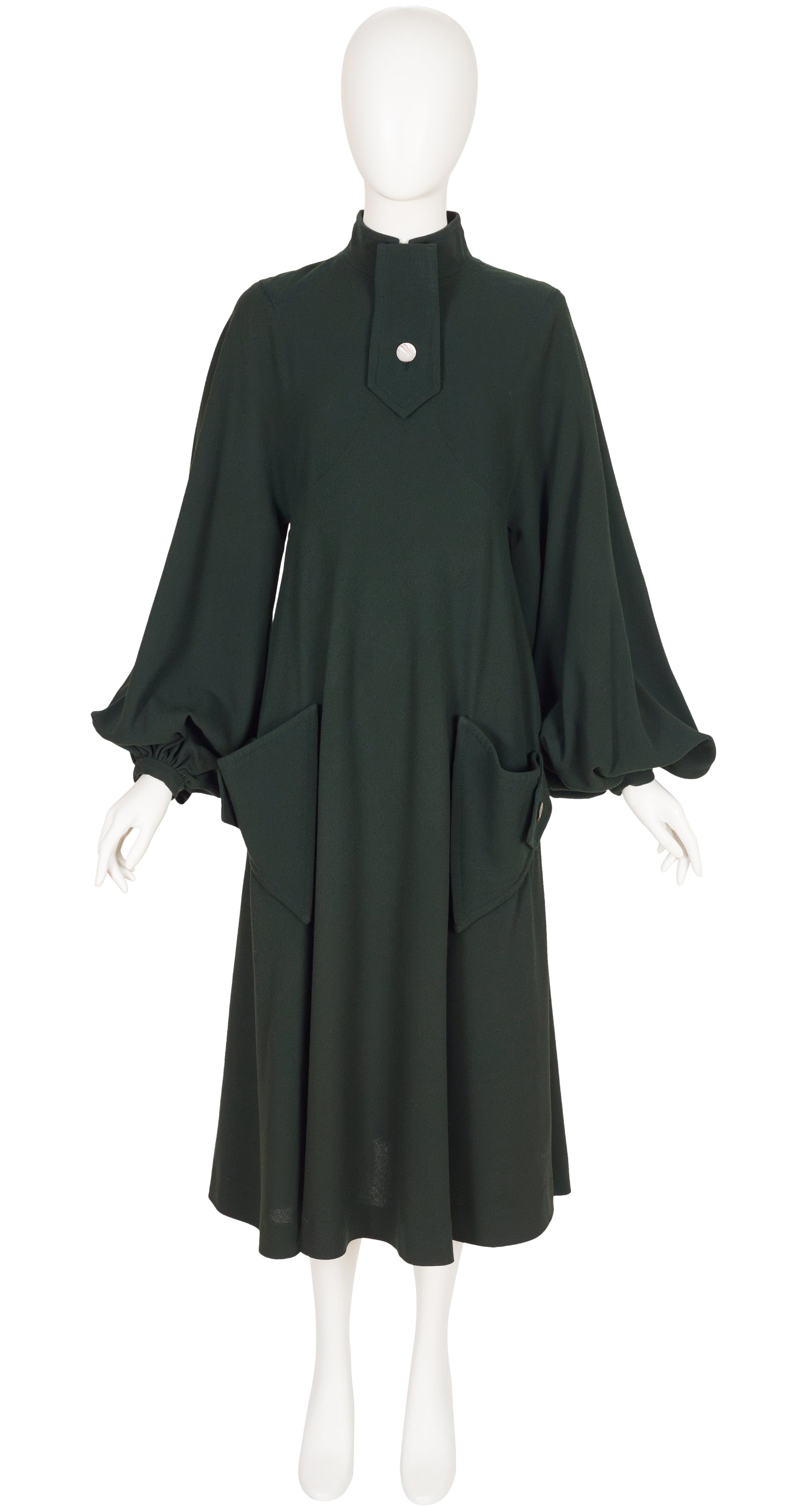 1970s Green Wool Crepe Bishop Sleeve Dress