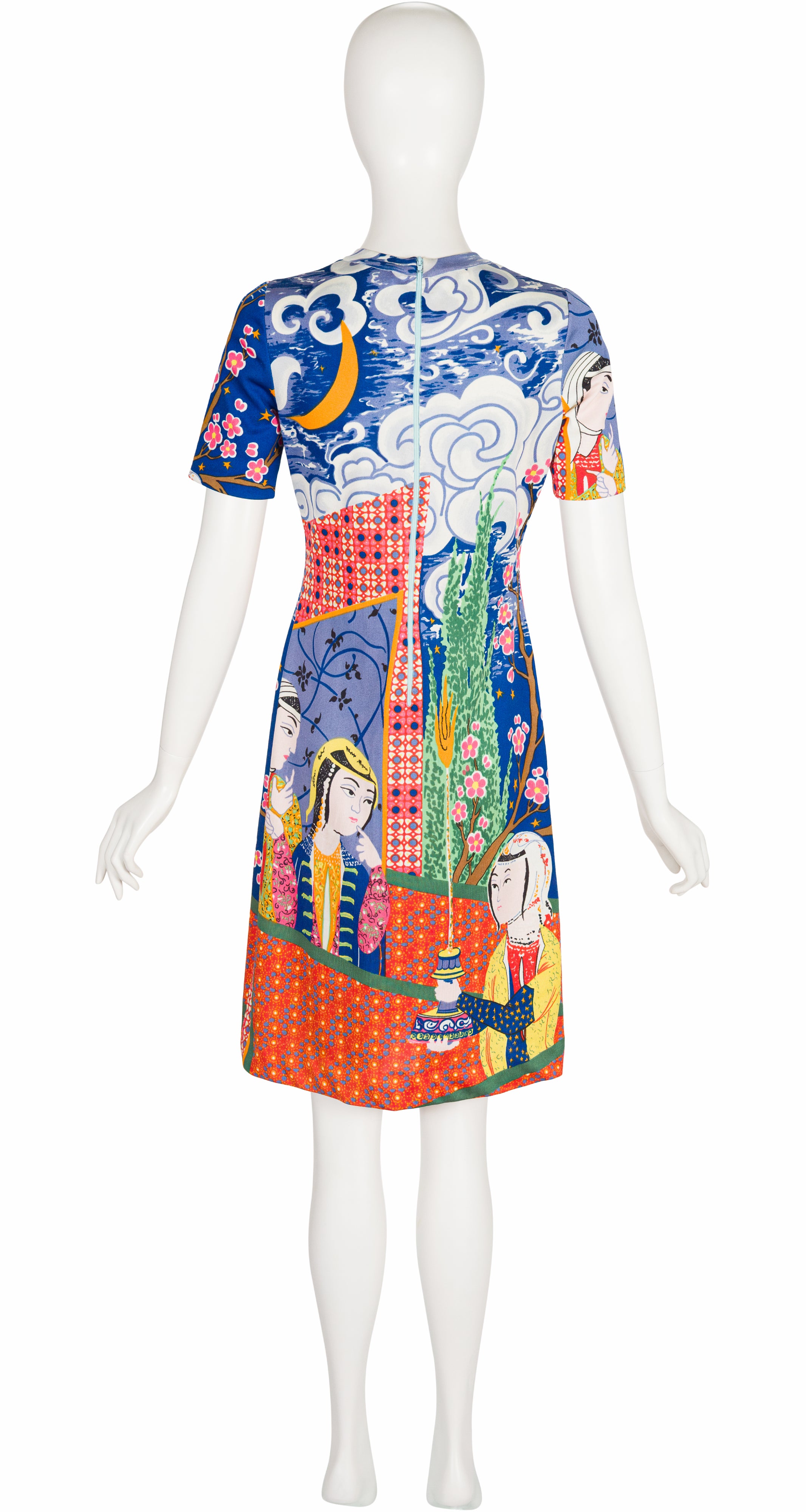1970s Persian Scenic Print Jersey Knit Keyhole Dress