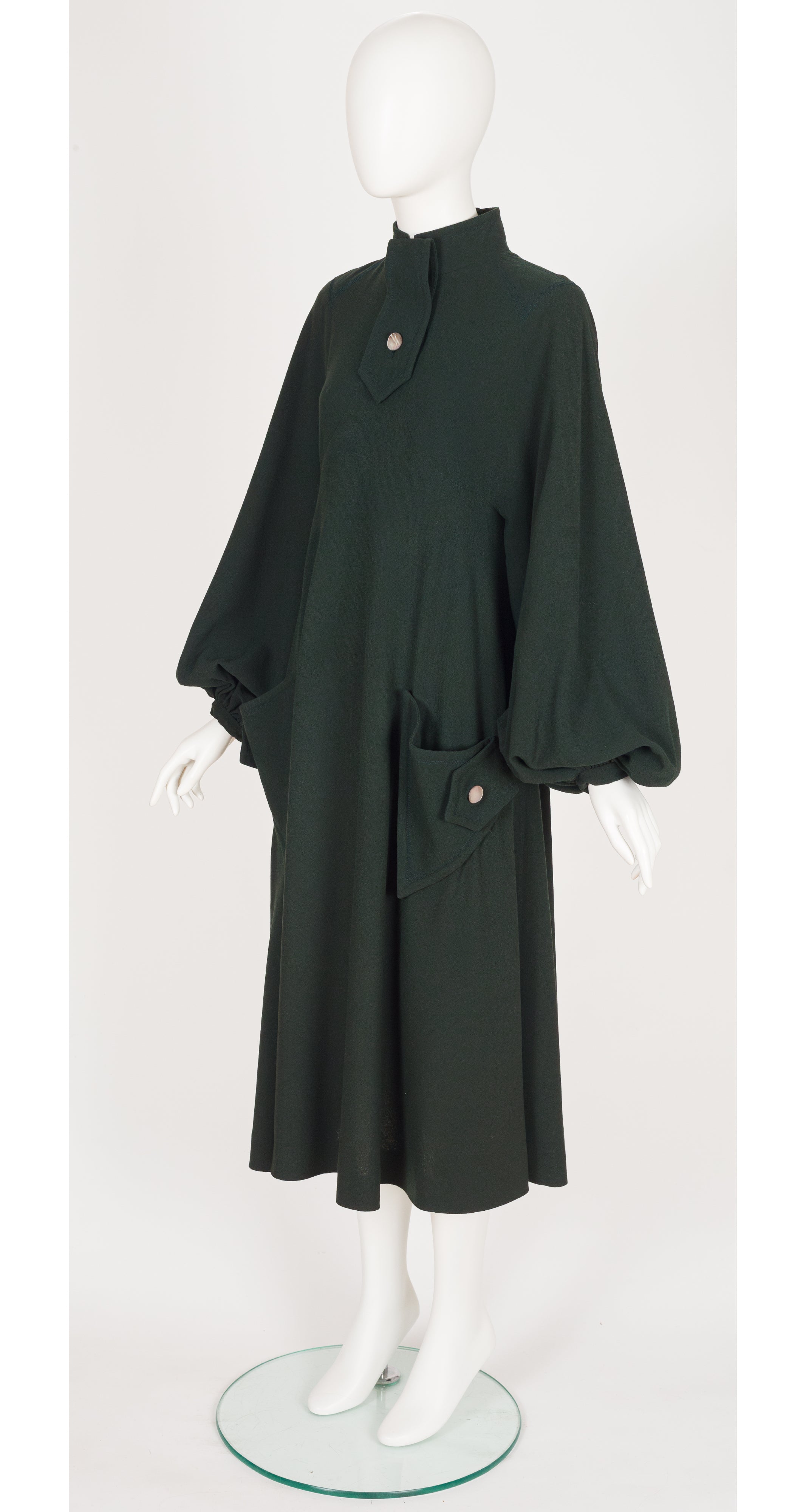 1970s Green Wool Crepe Bishop Sleeve Dress