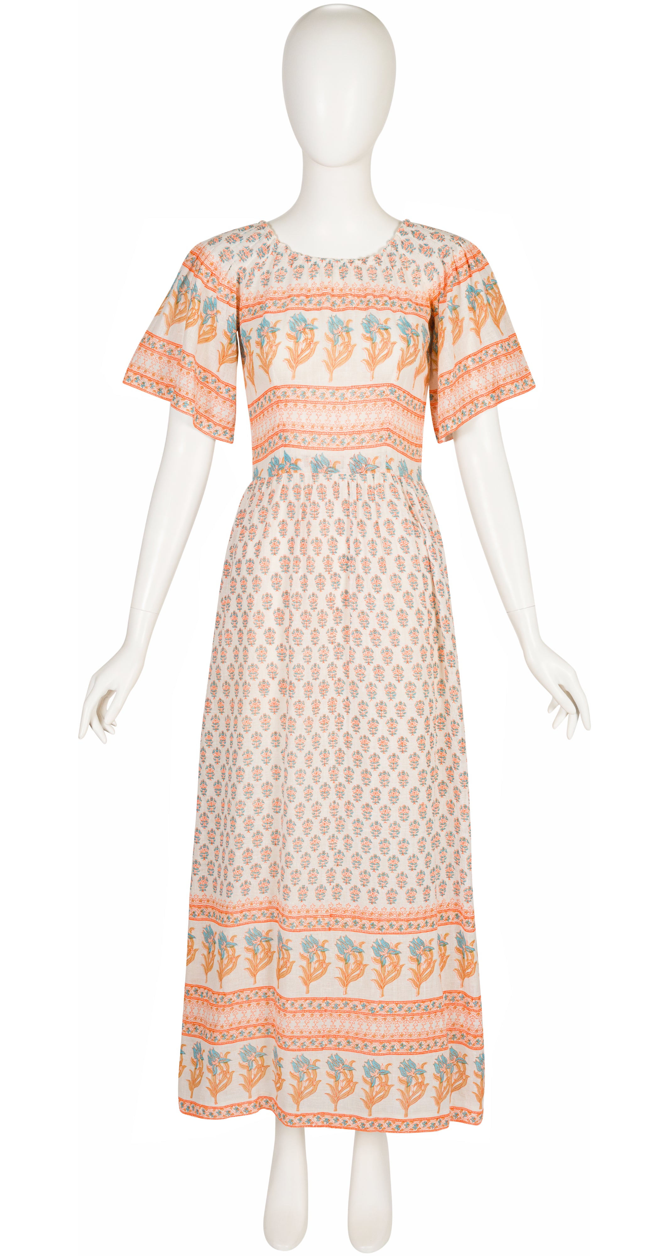 1970s Floral Block Print Cotton Gauze Maxi Dress