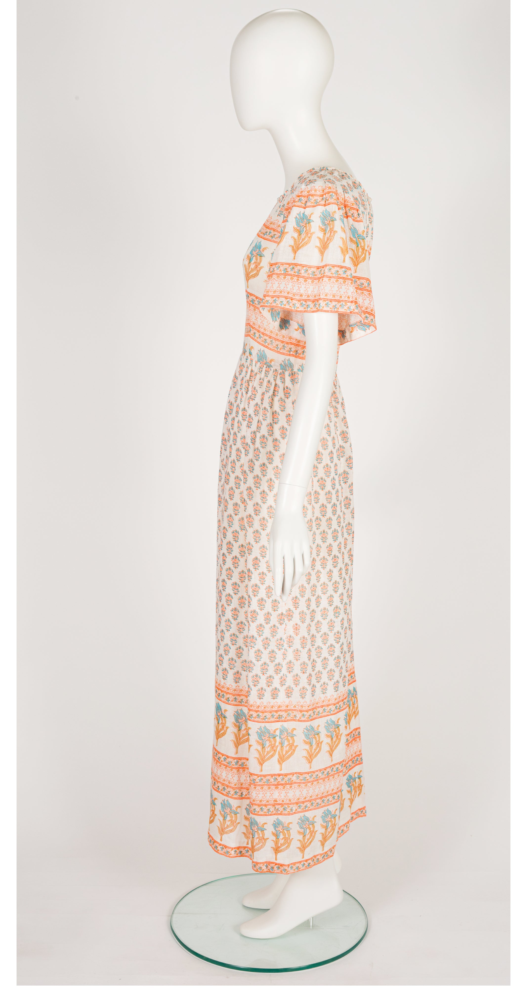 1970s Floral Block Print Cotton Gauze Maxi Dress