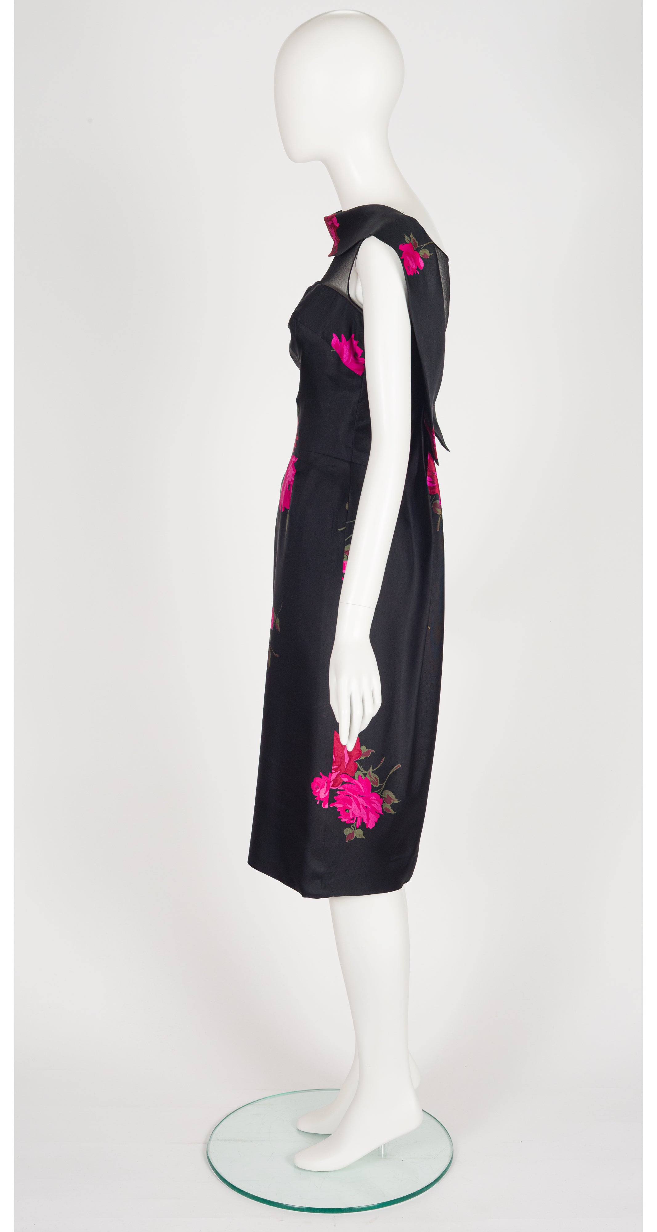 1960s Rose Print Black Silk Twill Cocktail Dress