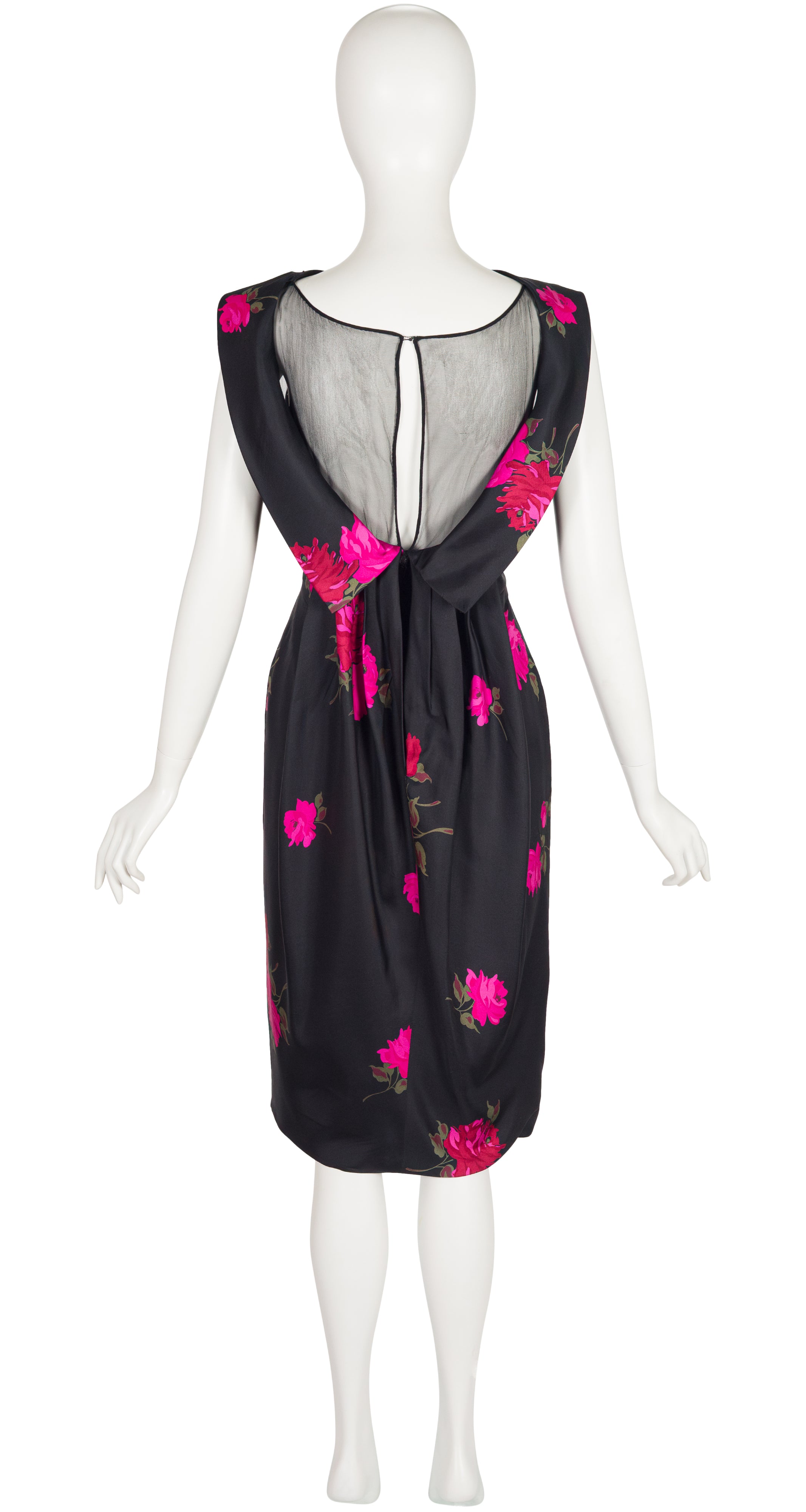 1960s Rose Print Black Silk Twill Cocktail Dress