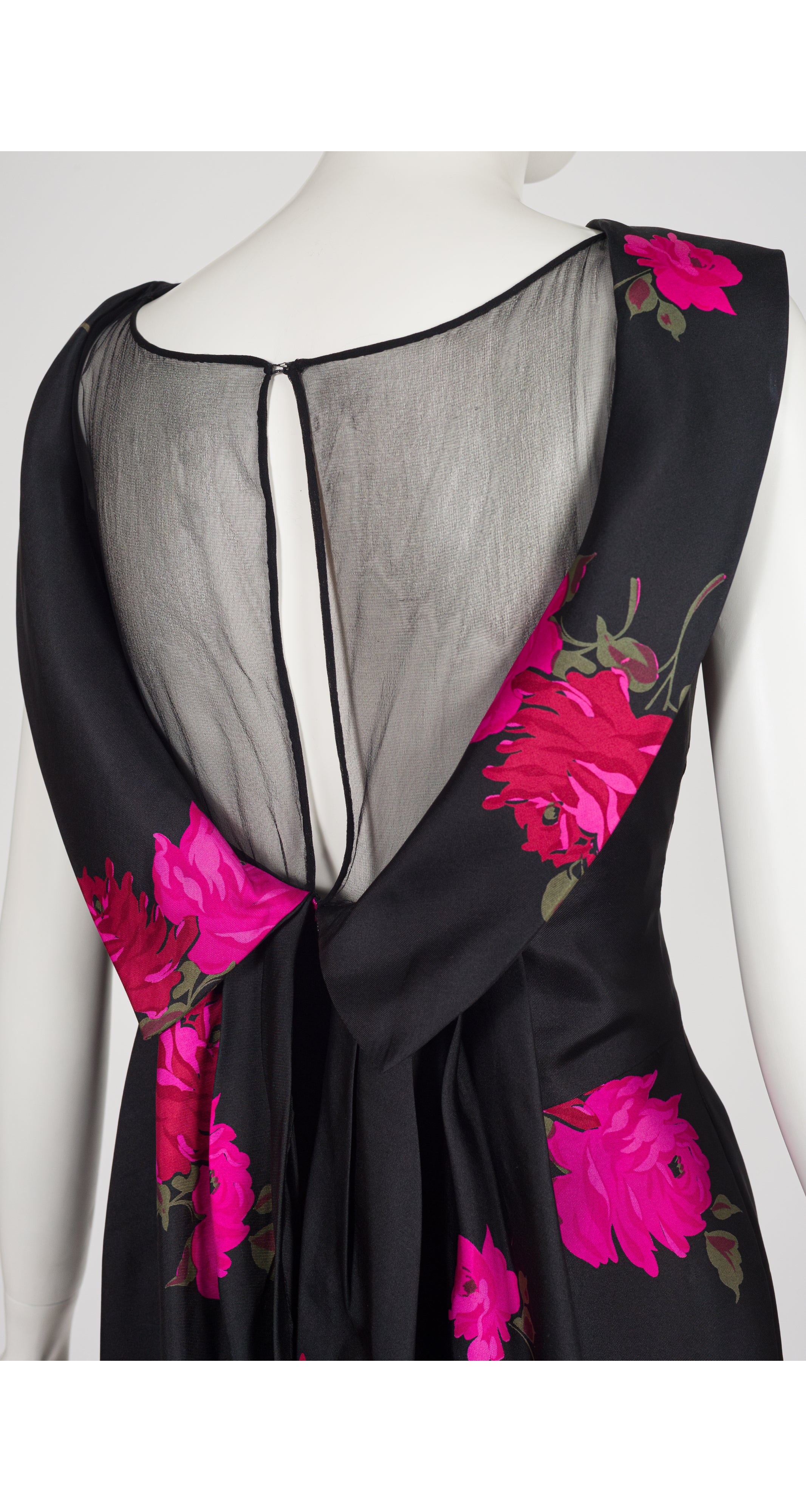 1960s Rose Print Black Silk Twill Cocktail Dress