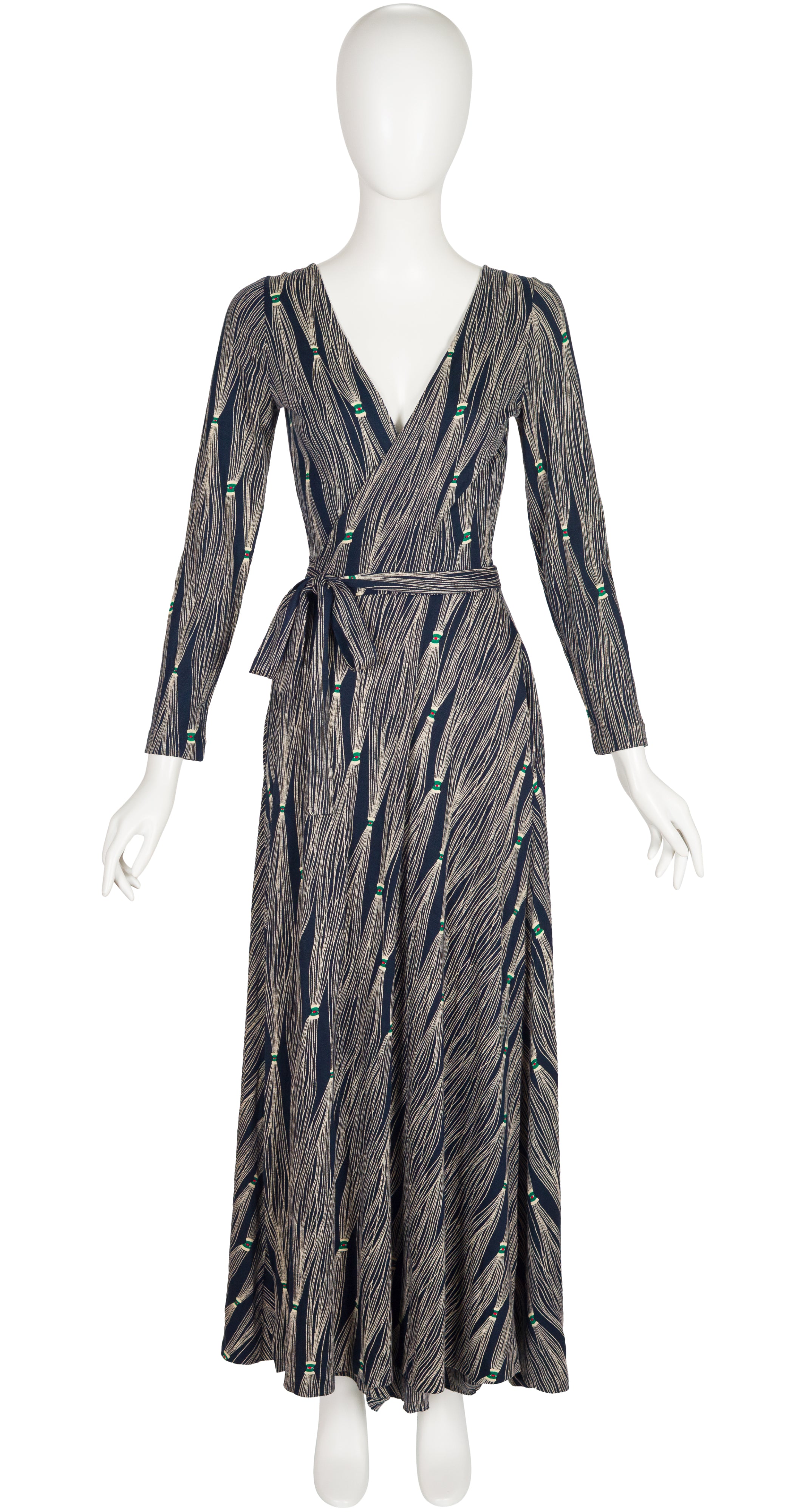 1976 F/W Tassel Print Navy Jersey Maxi Wrap Dress