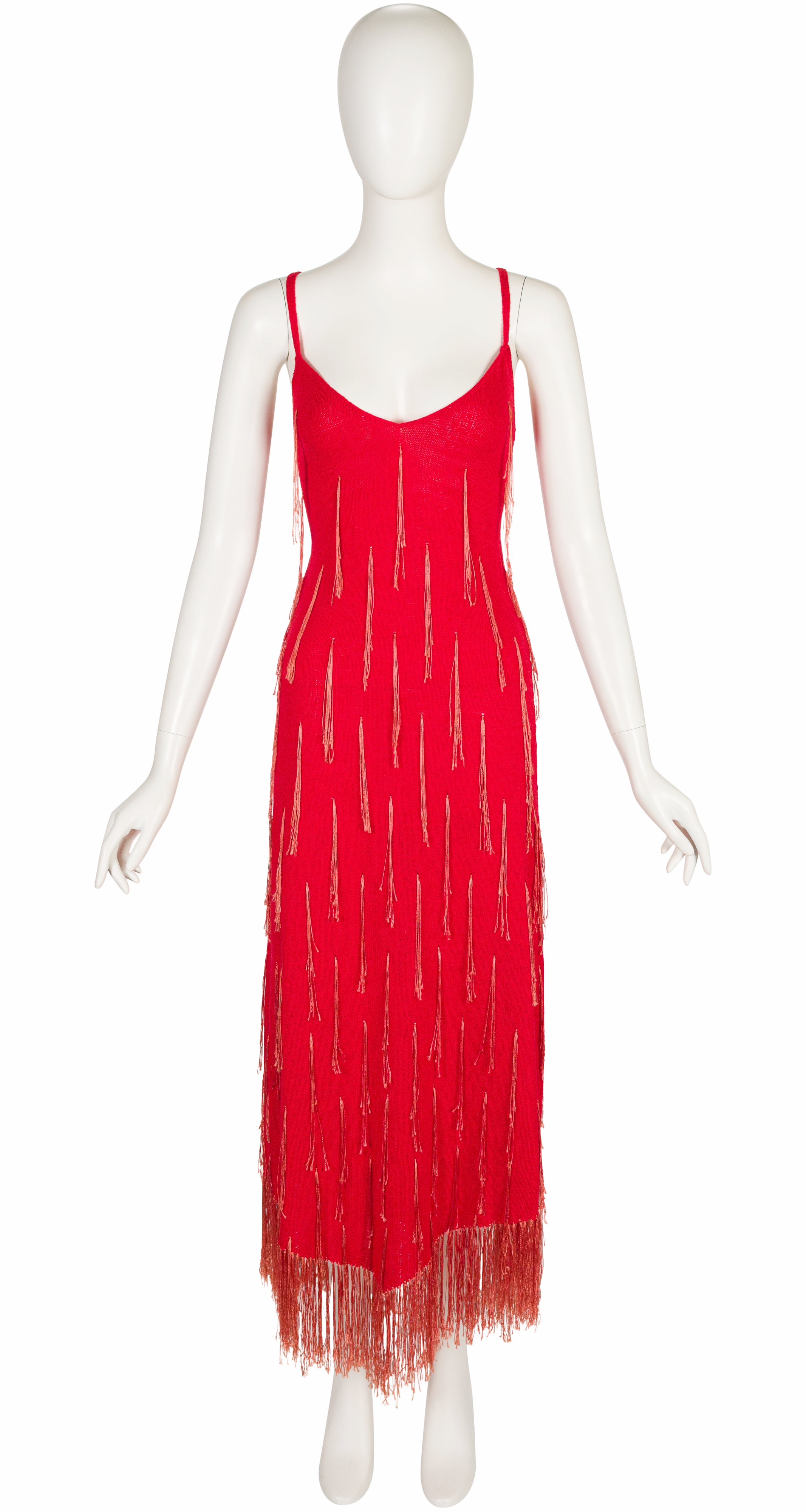1970s Red Fringe Knit Cross-Back Evening Gown