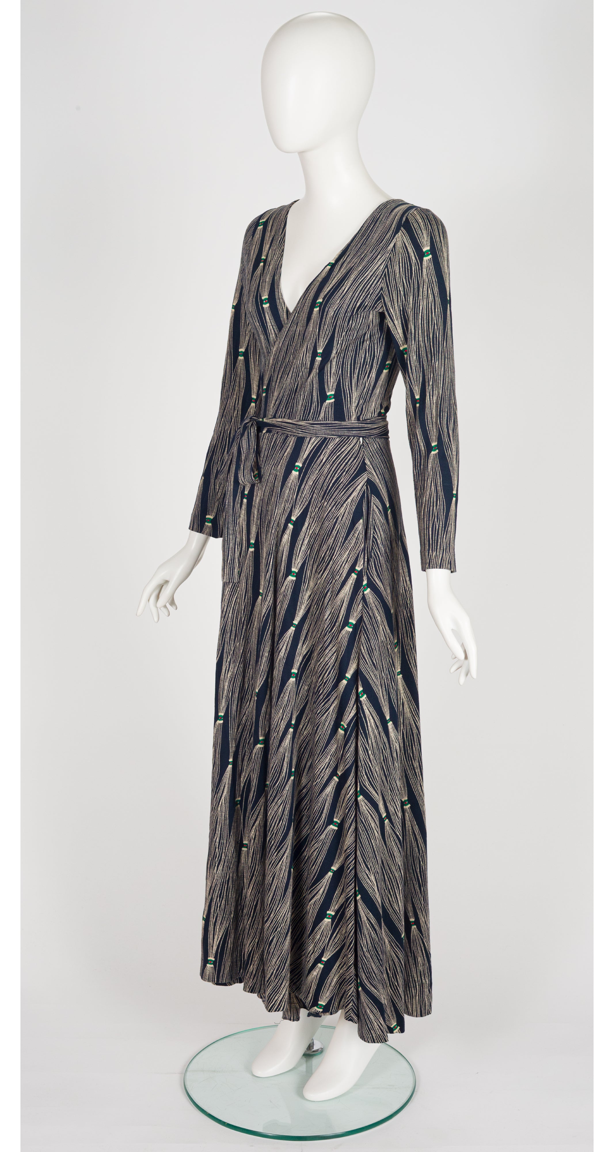 1976 F/W Tassel Print Navy Jersey Maxi Wrap Dress
