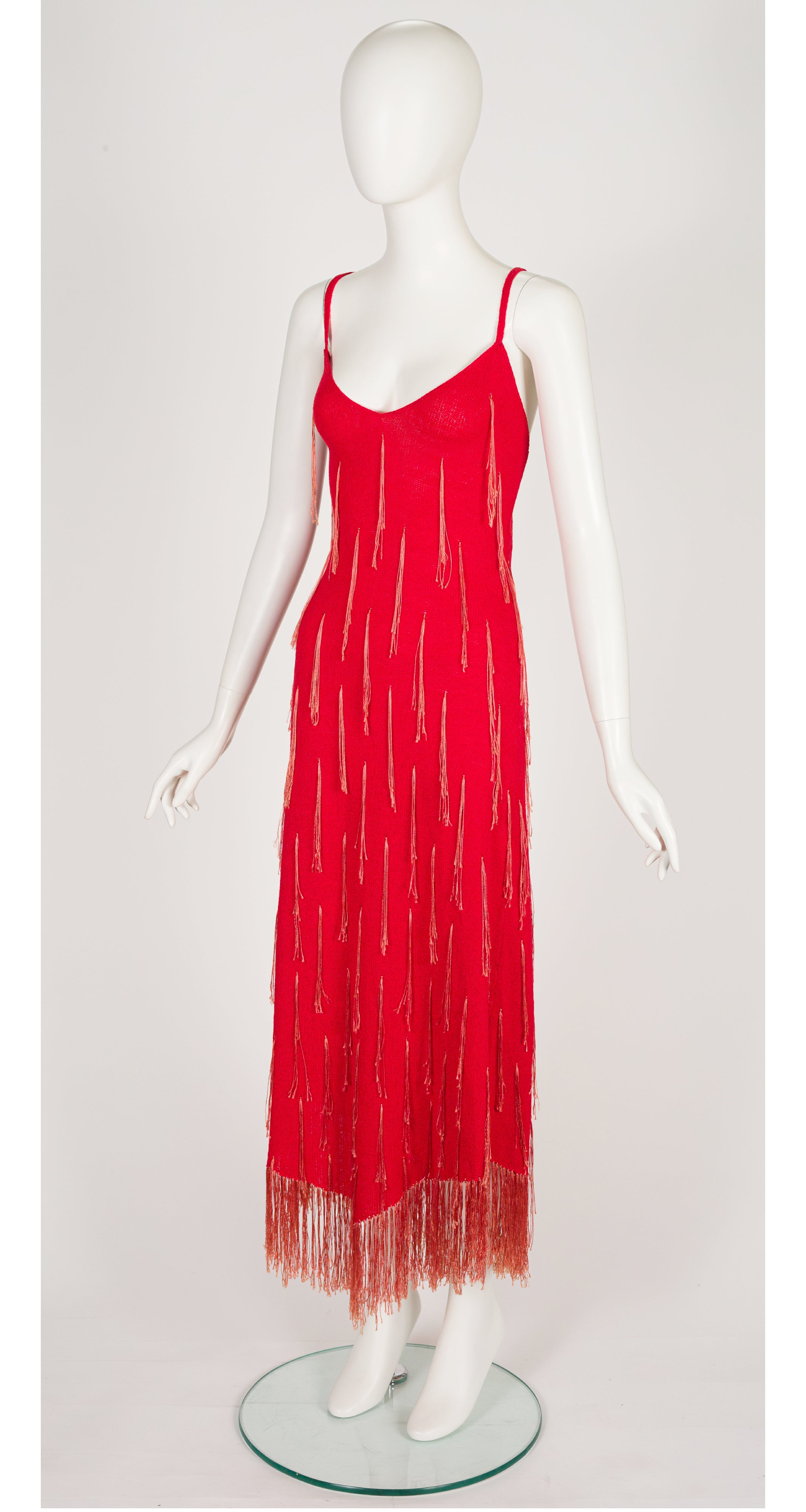 1970s Red Fringe Knit Cross-Back Evening Gown