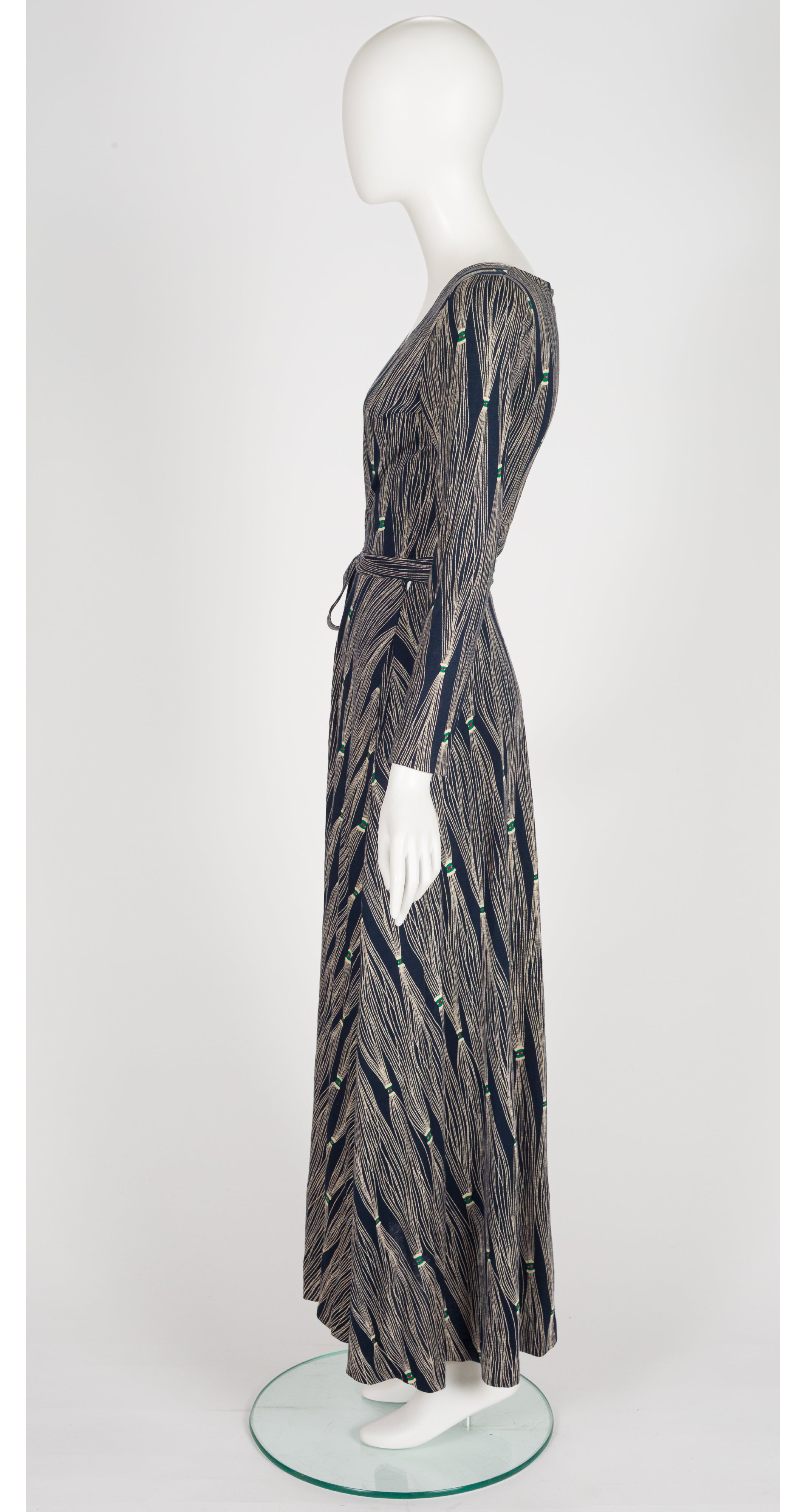 1976 F/W Tassel Print Navy Jersey Maxi Wrap Dress