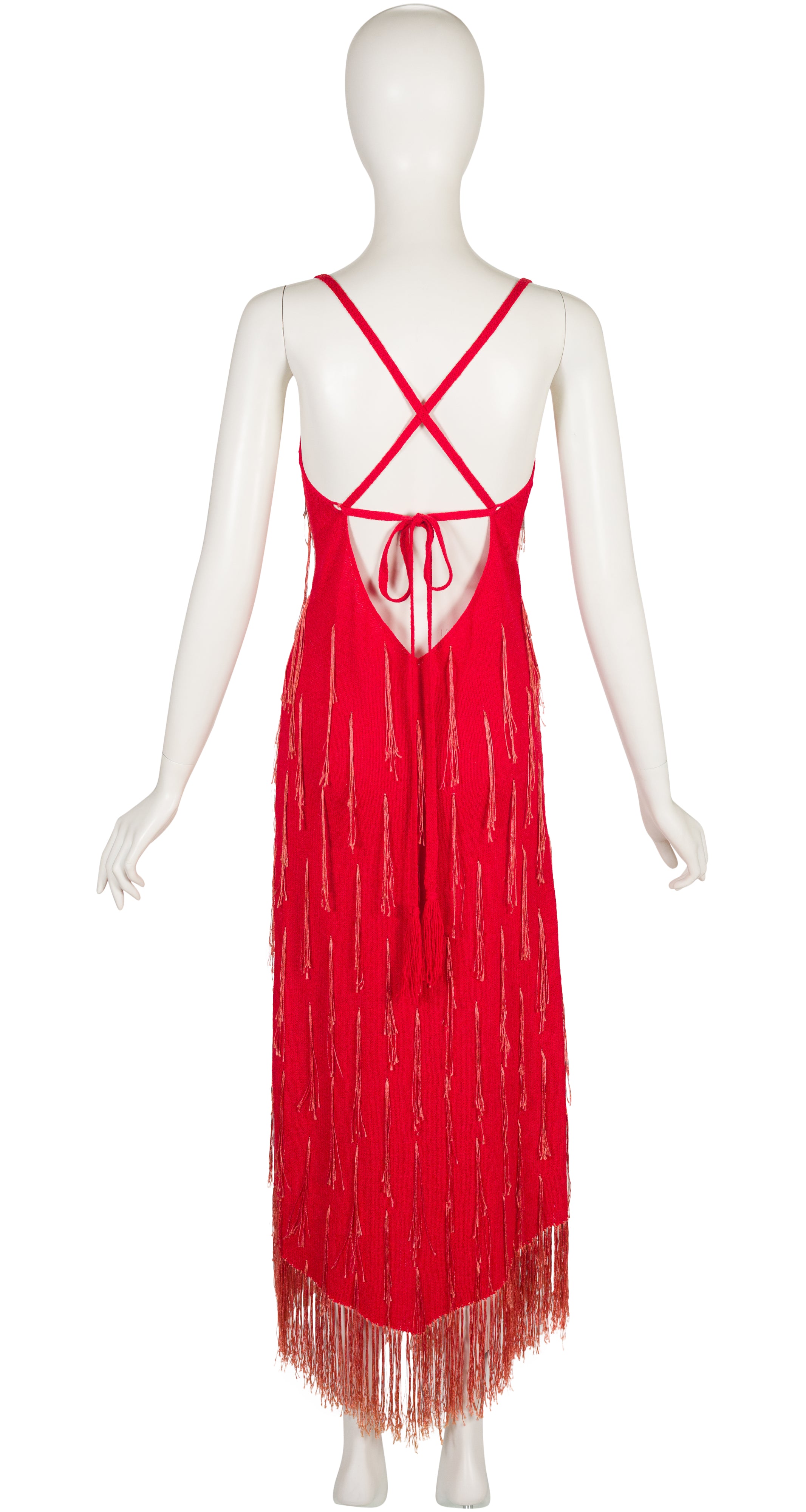 1970s Red Fringe Knit Cross-Back Evening Gown