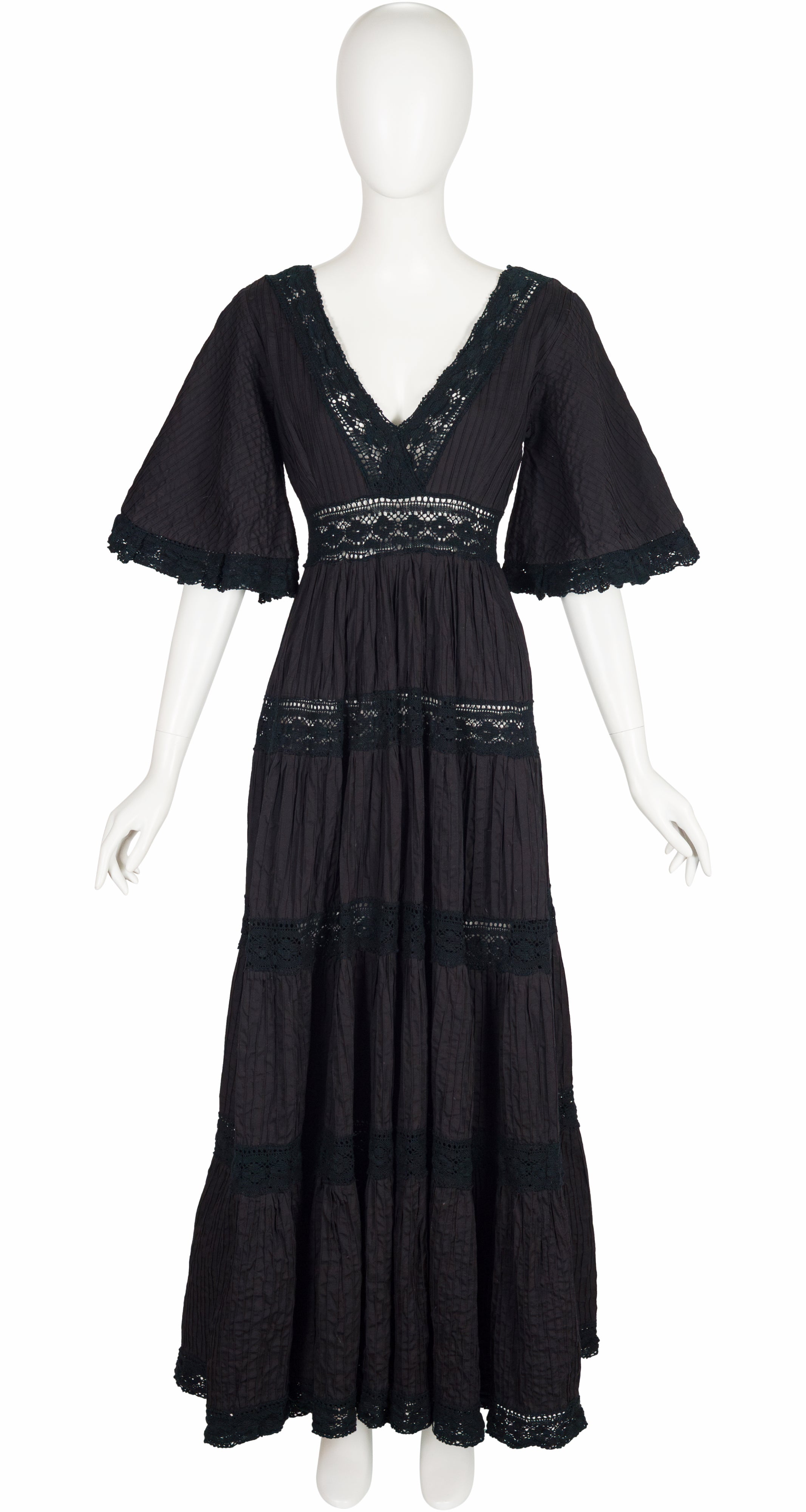 1970s Black Crochet Inset Pintuck Cotton Mexican Wedding Dress