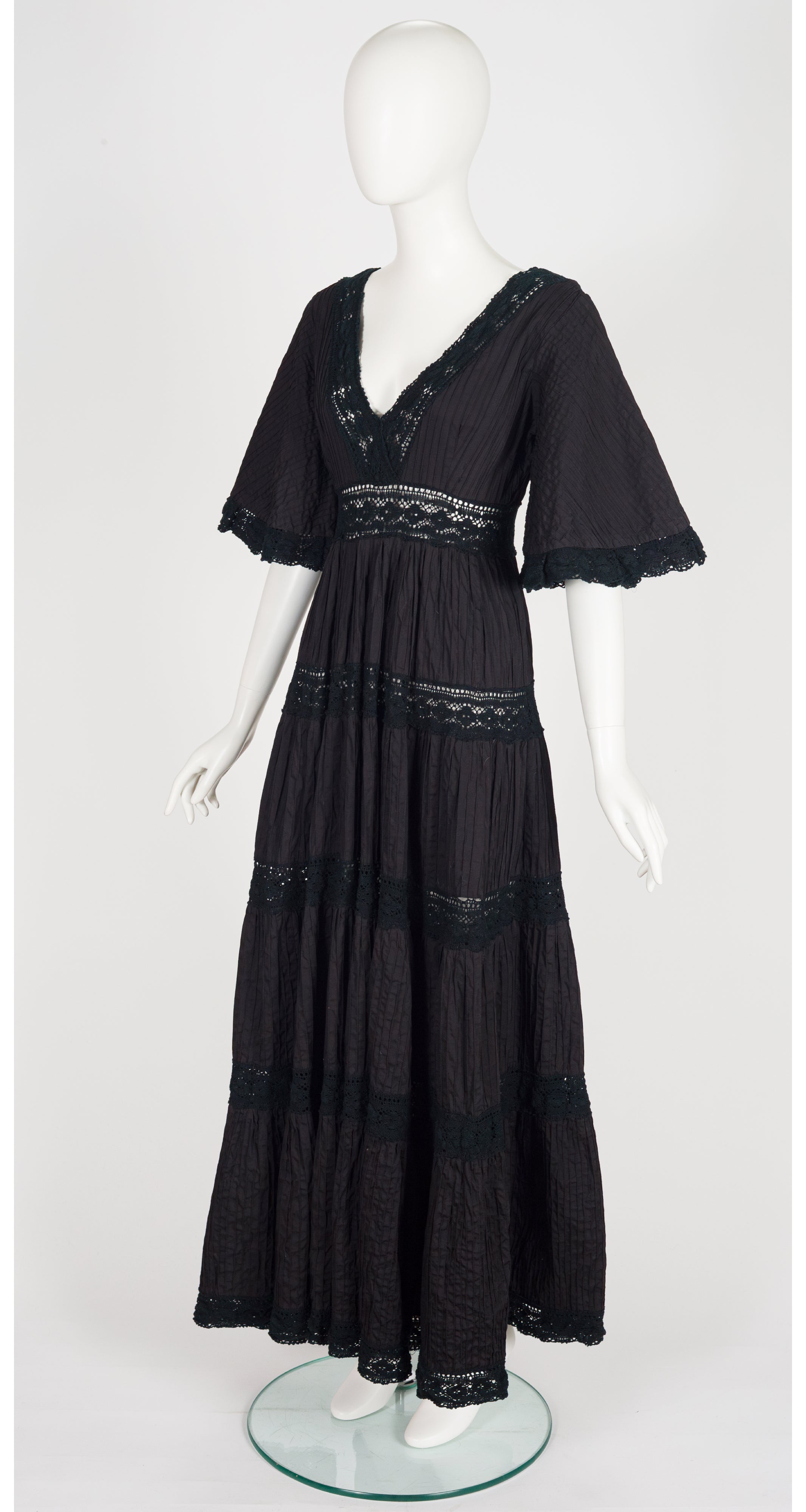 1970s Black Crochet Inset Pintuck Cotton Mexican Wedding Dress