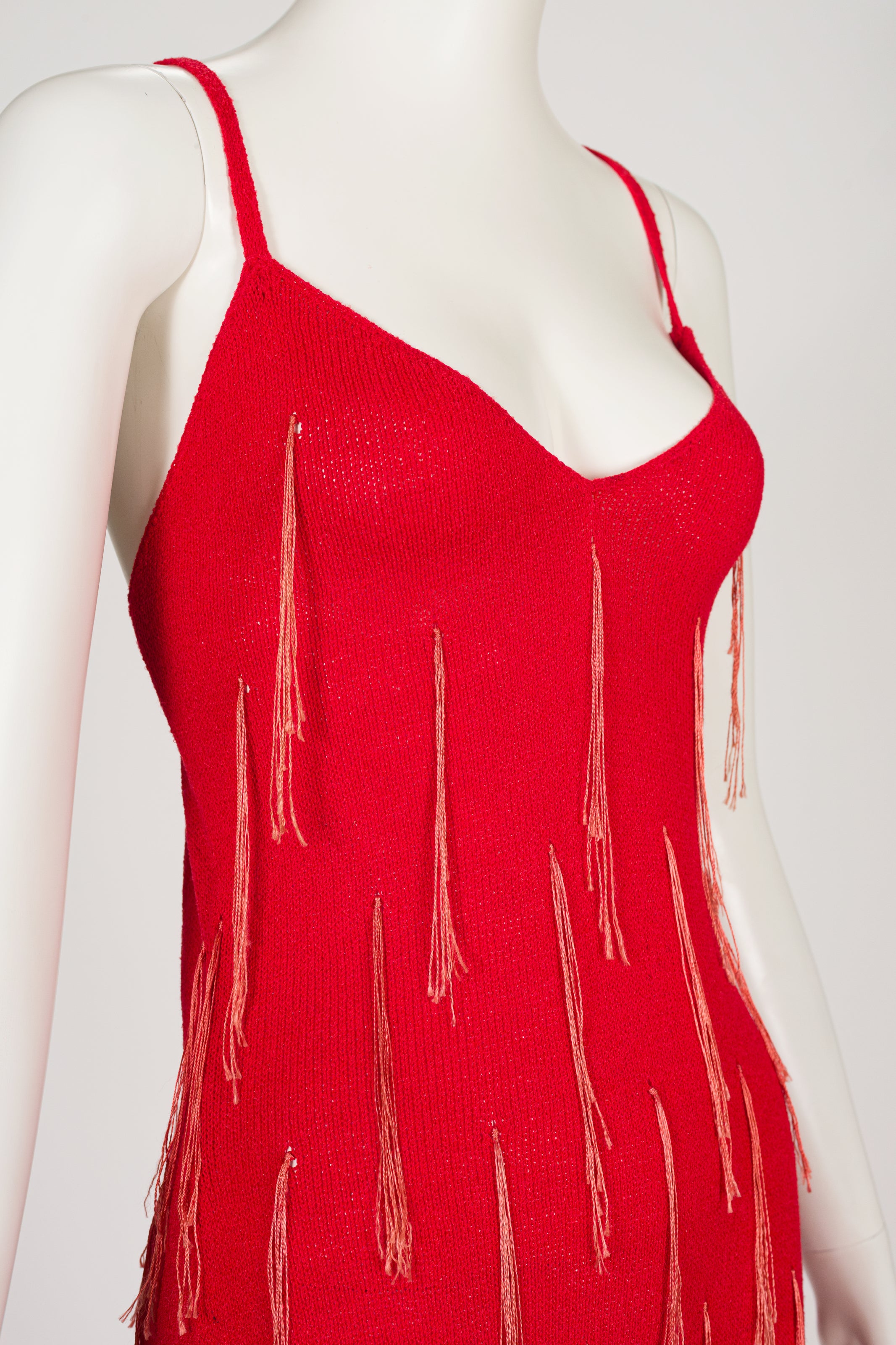 1970s Red Fringe Knit Cross-Back Evening Gown