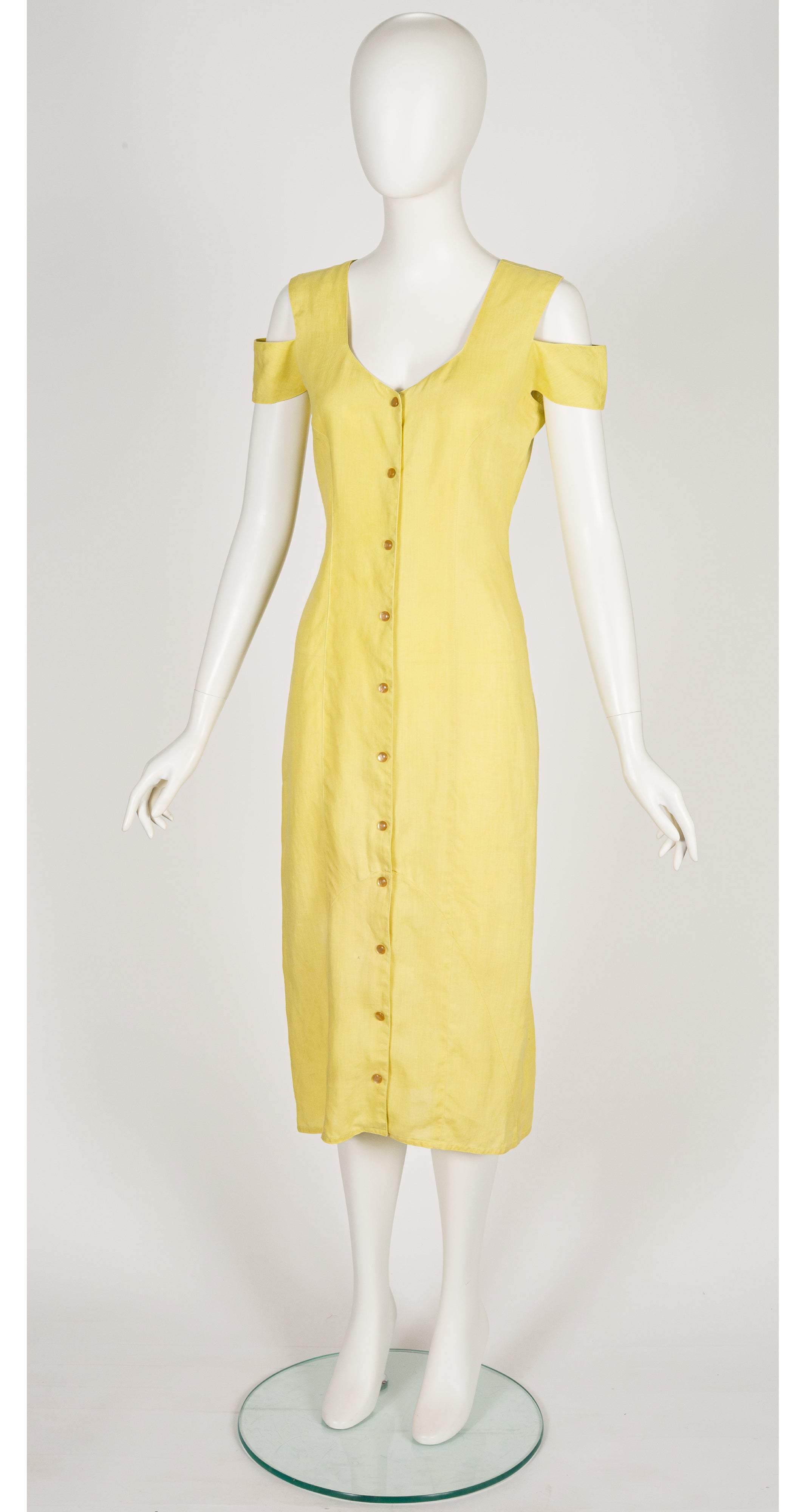1980s Pale Chartreuse Linen Cold Shoulder Snap-Up Dress