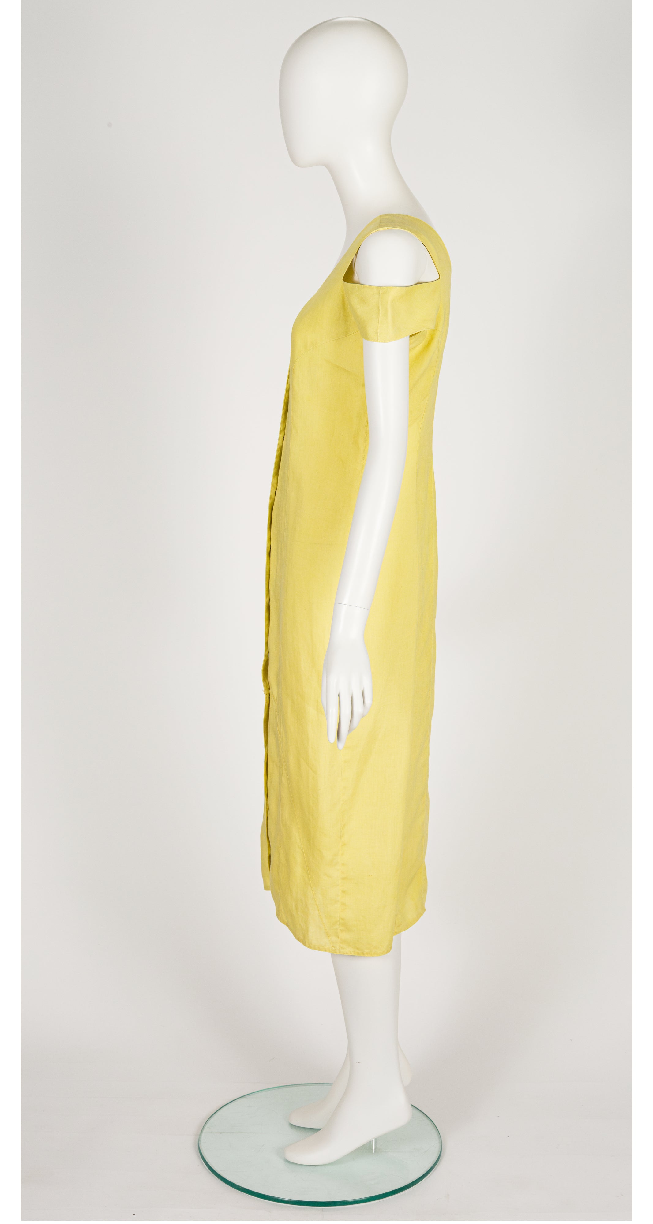 1980s Pale Chartreuse Linen Cold Shoulder Snap-Up Dress