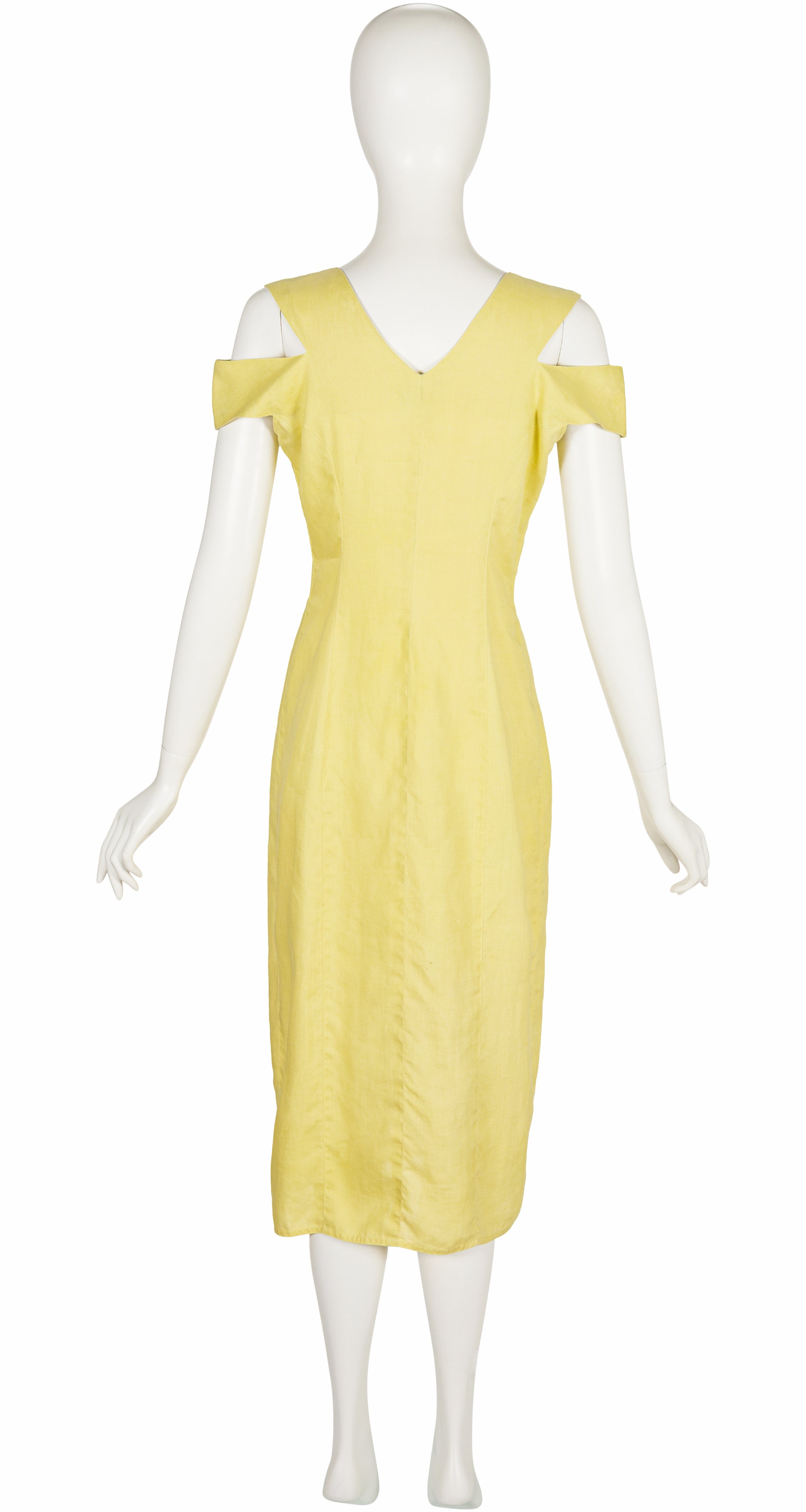 1980s Pale Chartreuse Linen Cold Shoulder Snap-Up Dress