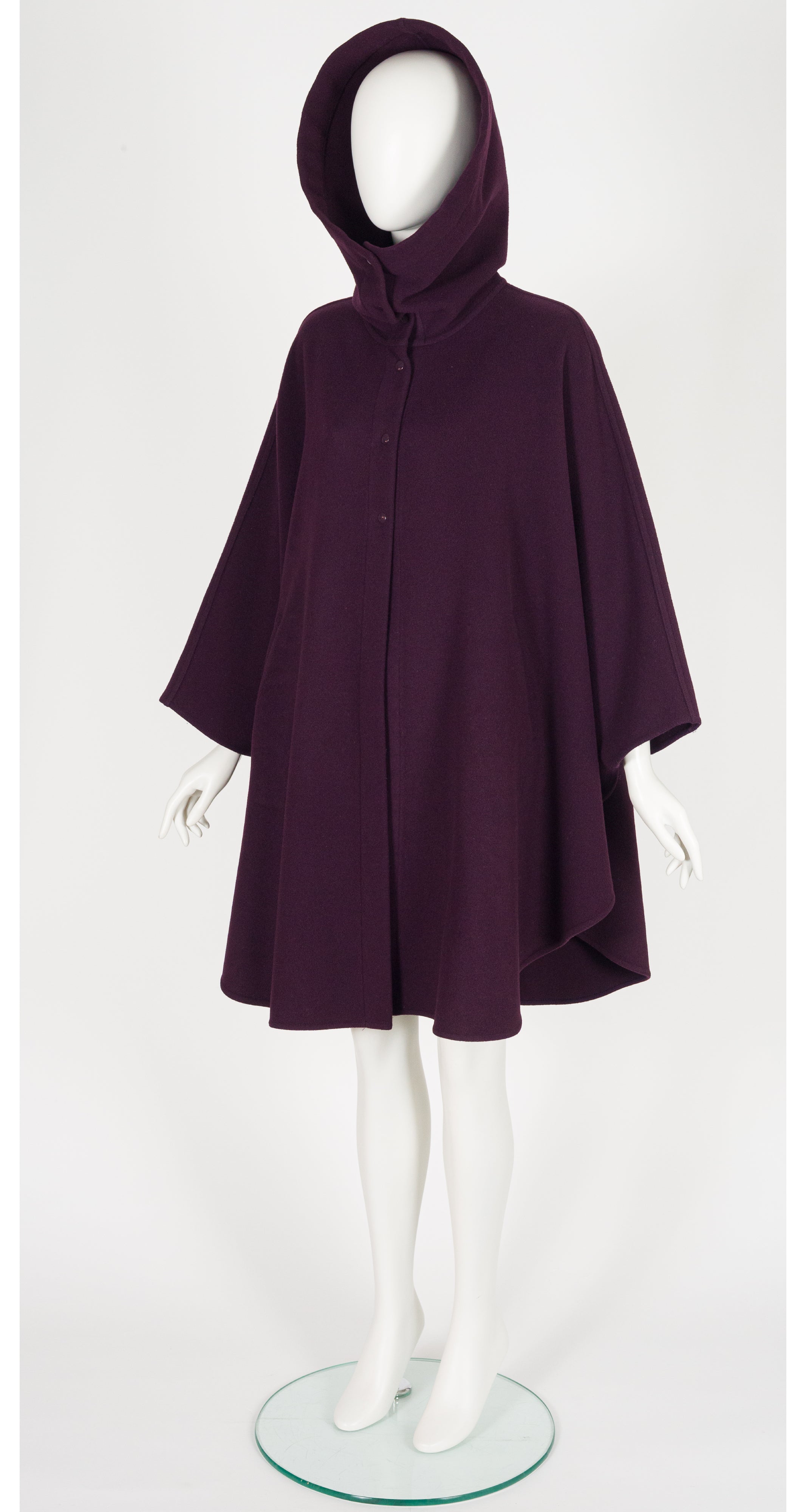 1970s Plum Wool Snap-Up Hooded Cape