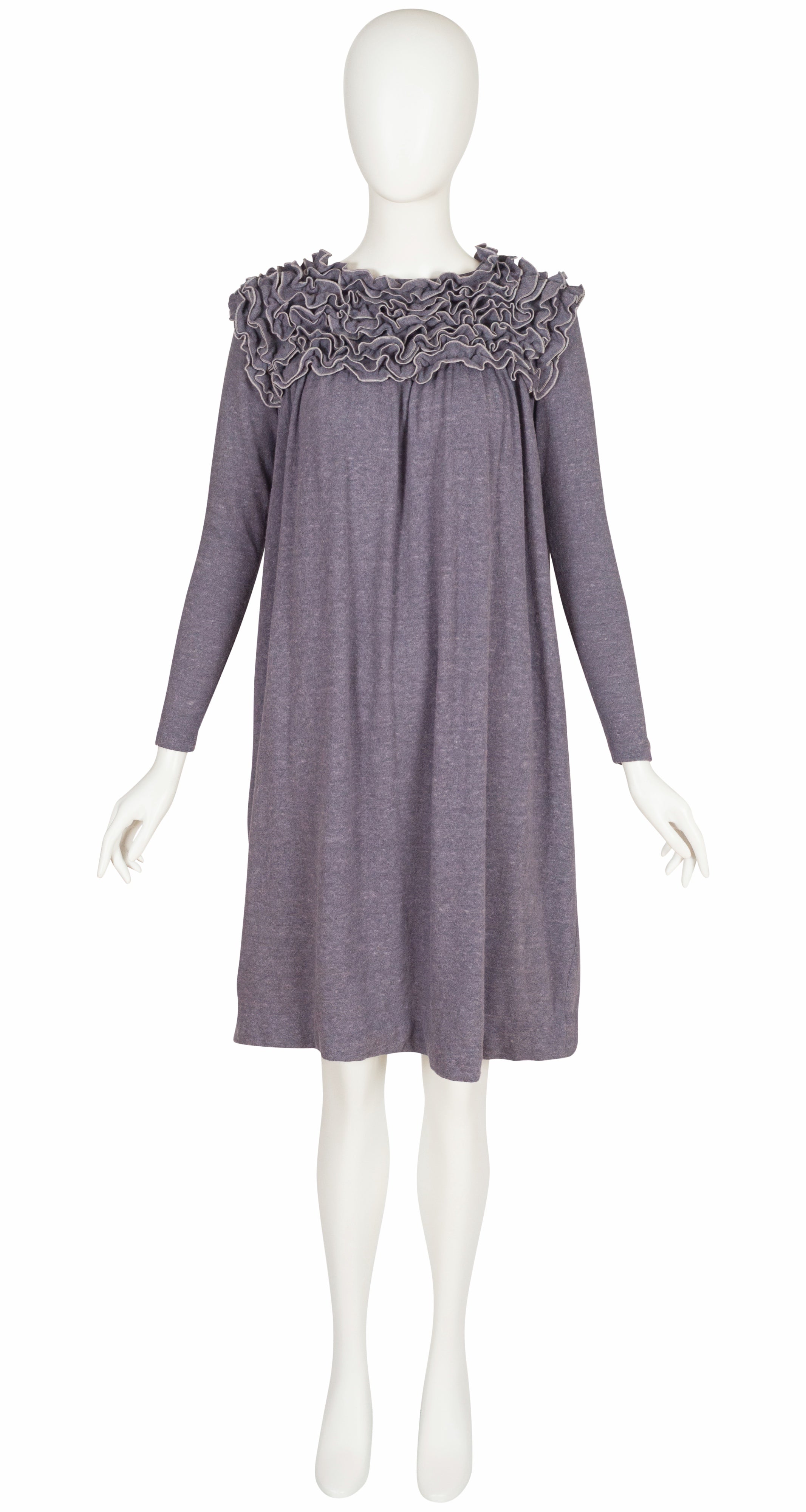 1980s Ruffle Top Gray Wool Knit Long Sleeve Dress