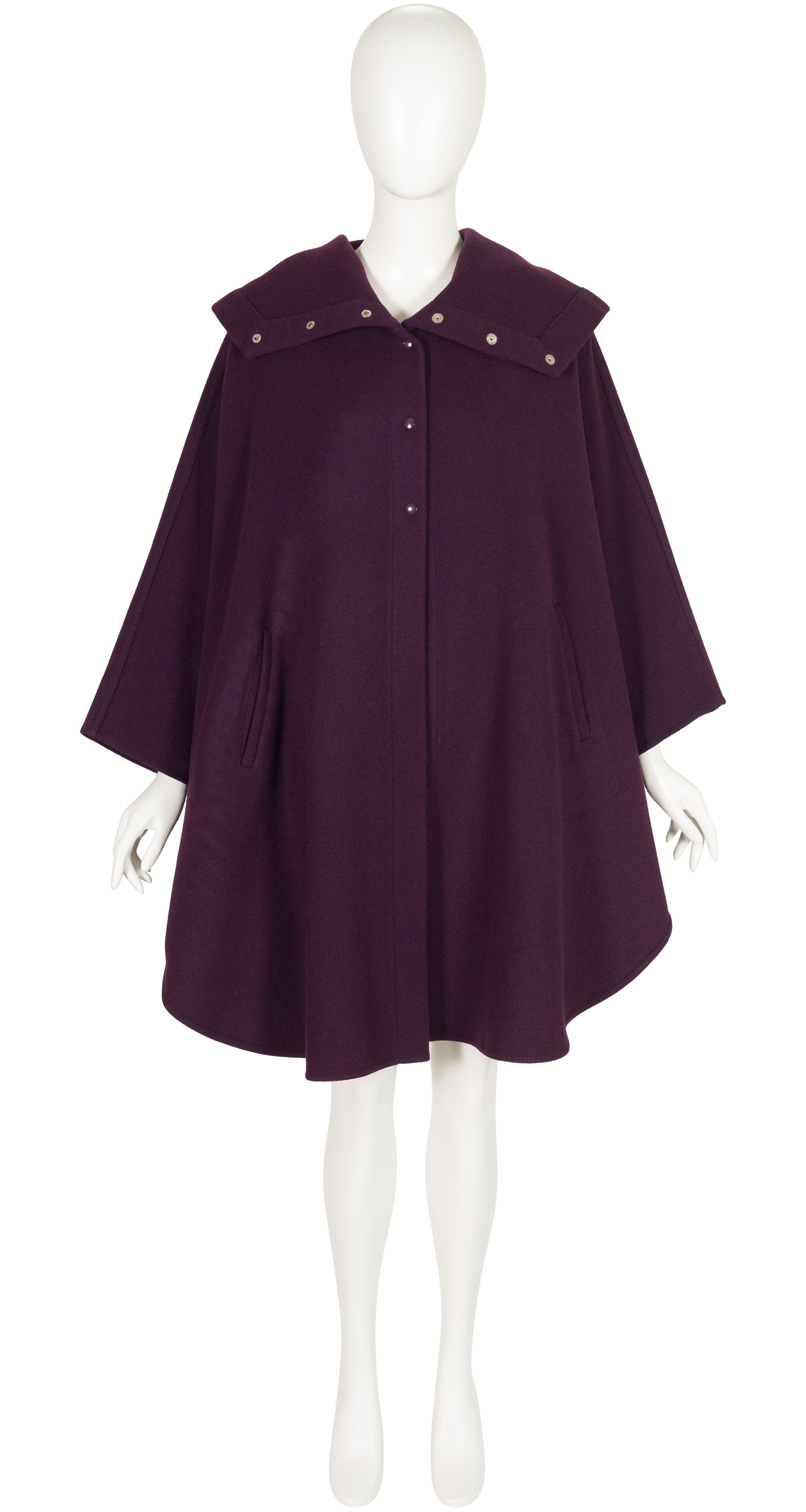 1970s Plum Wool Snap-Up Hooded Cape