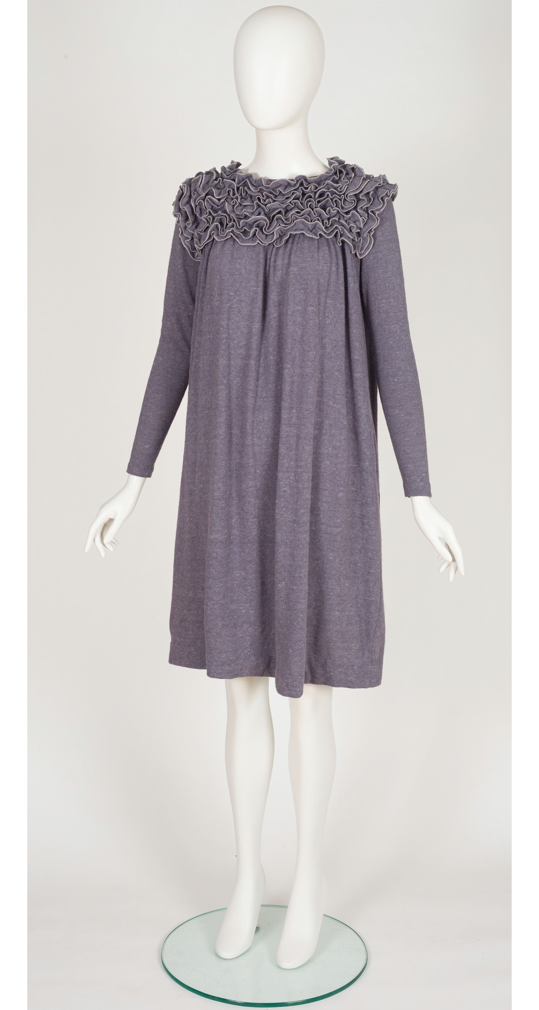 1980s Ruffle Top Gray Wool Knit Long Sleeve Dress