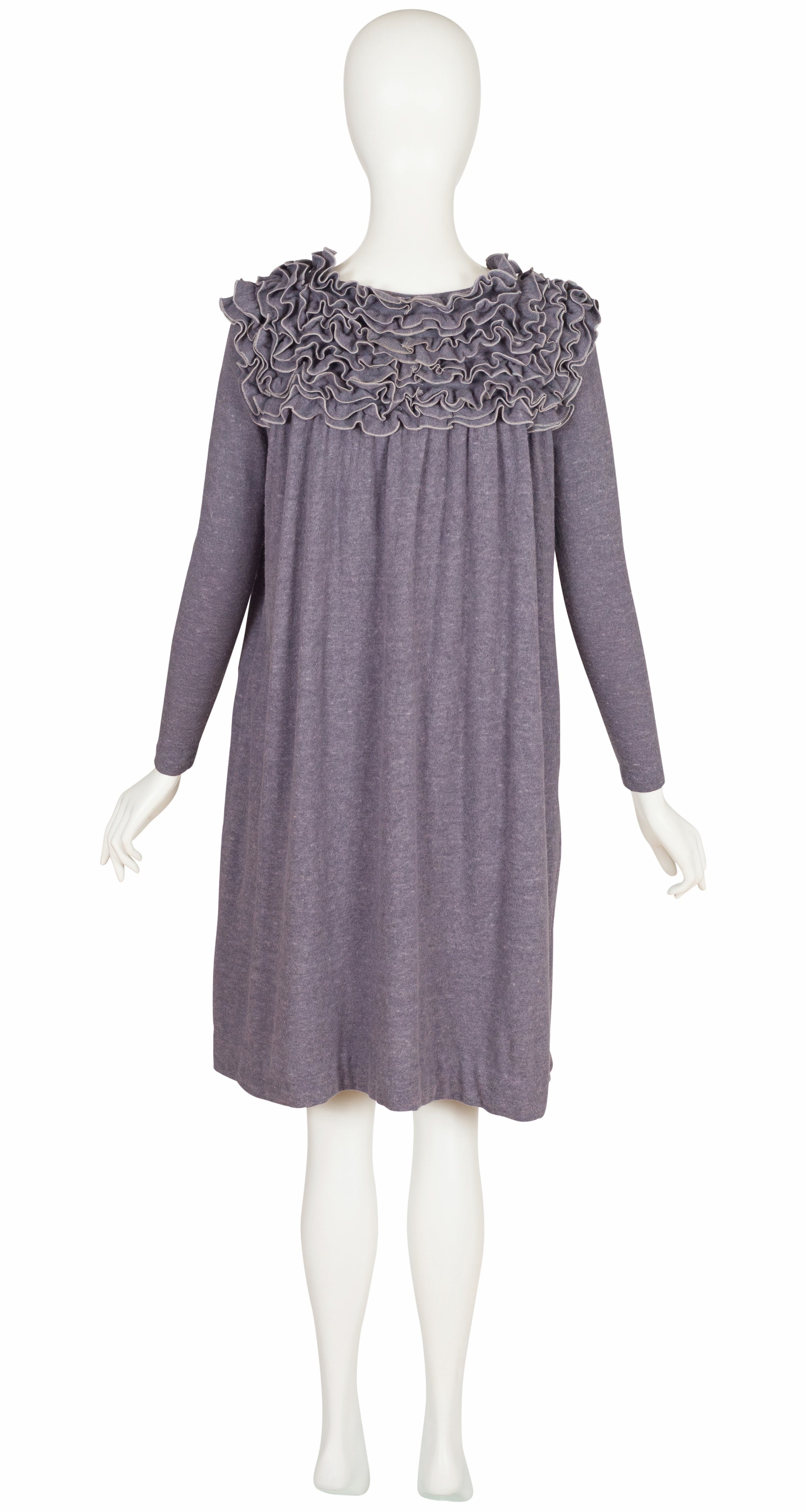 1980s Ruffle Top Gray Wool Knit Long Sleeve Dress